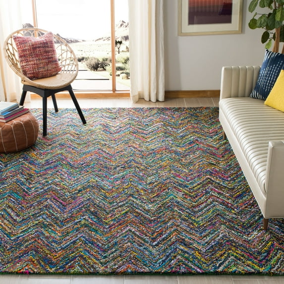 SAFAVIEH Nantucket Akilah Zigzag Stipes Cotton Area Rug, Blue/Multi, 9' x 12'