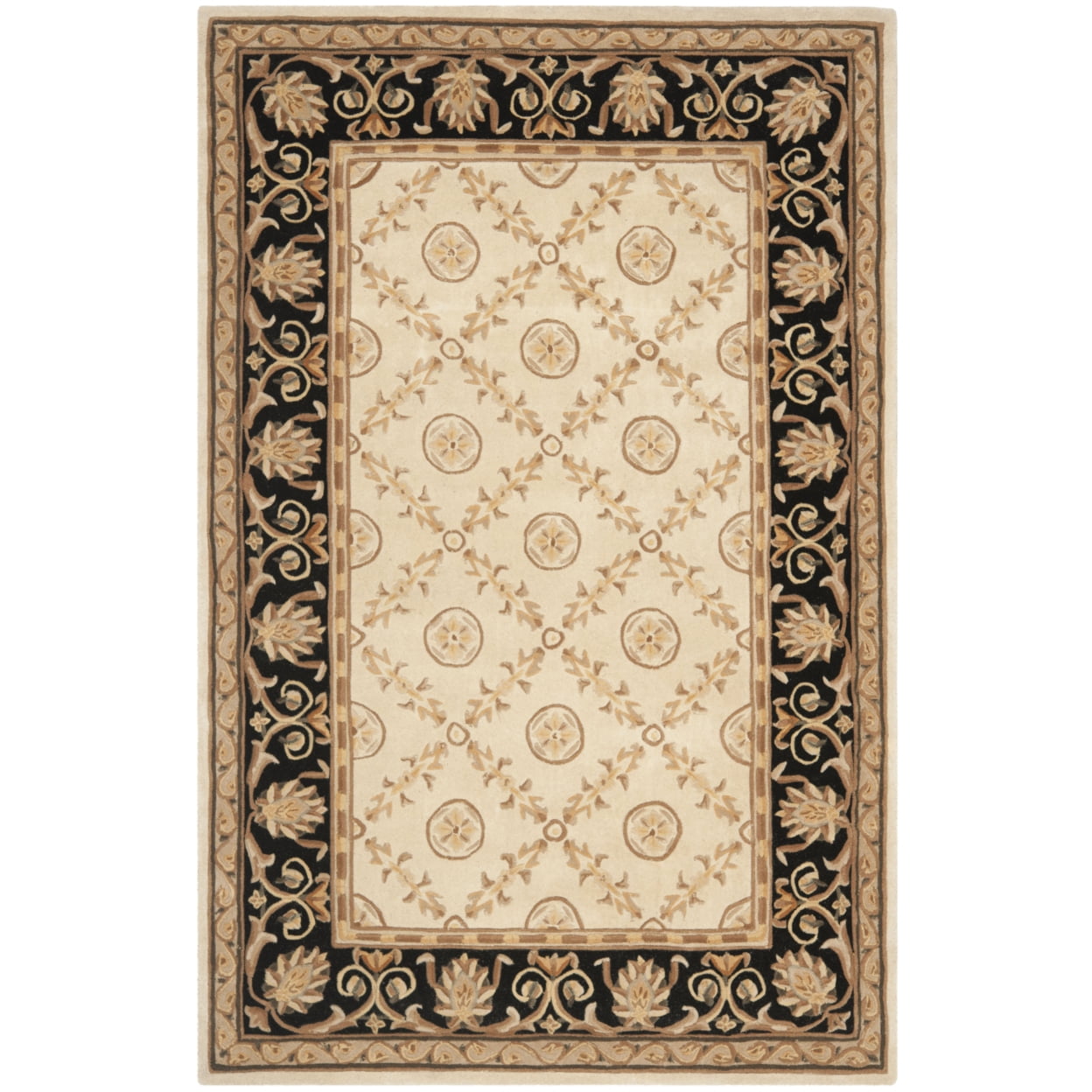Ivory and Black Floral Bordered Wool Area Rug, 5' x 8'