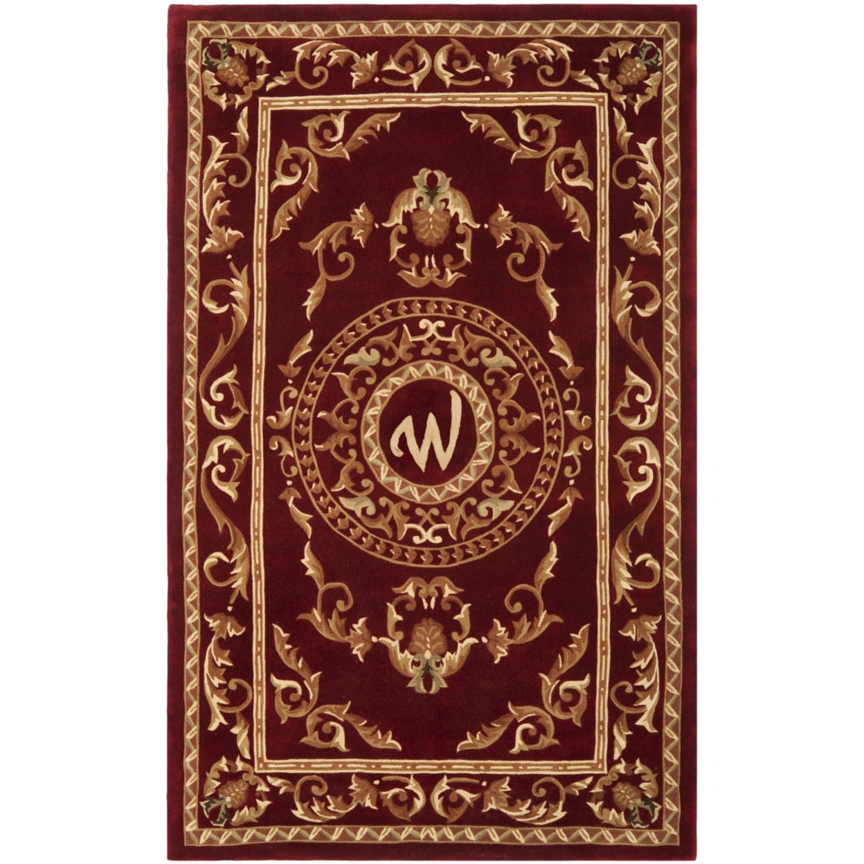 Handmade Burgundy Wool Tufted Round Monogram Area Rug