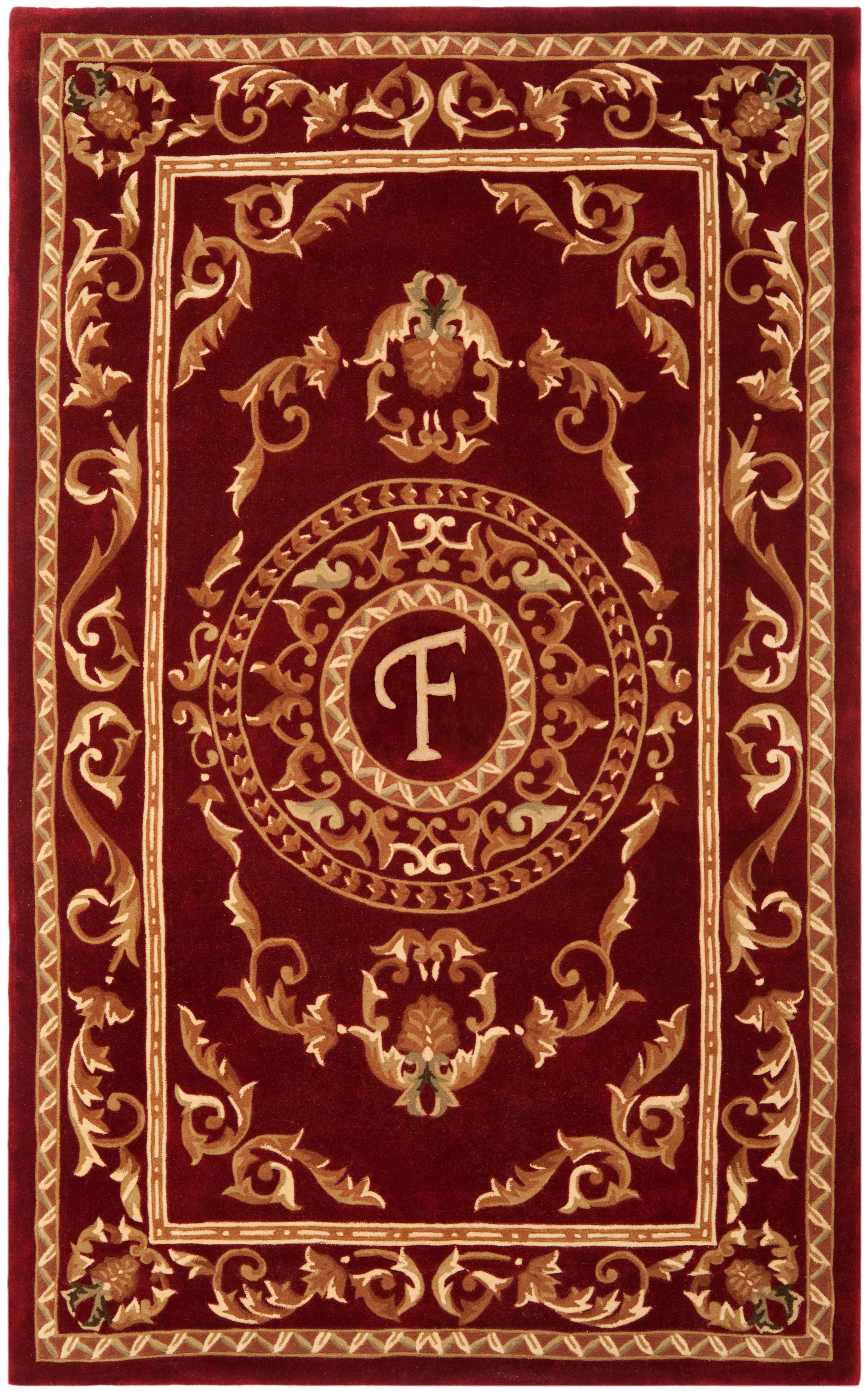 Burgundy Monogrammed Tufted Wool Area Rug, 5' x 8'