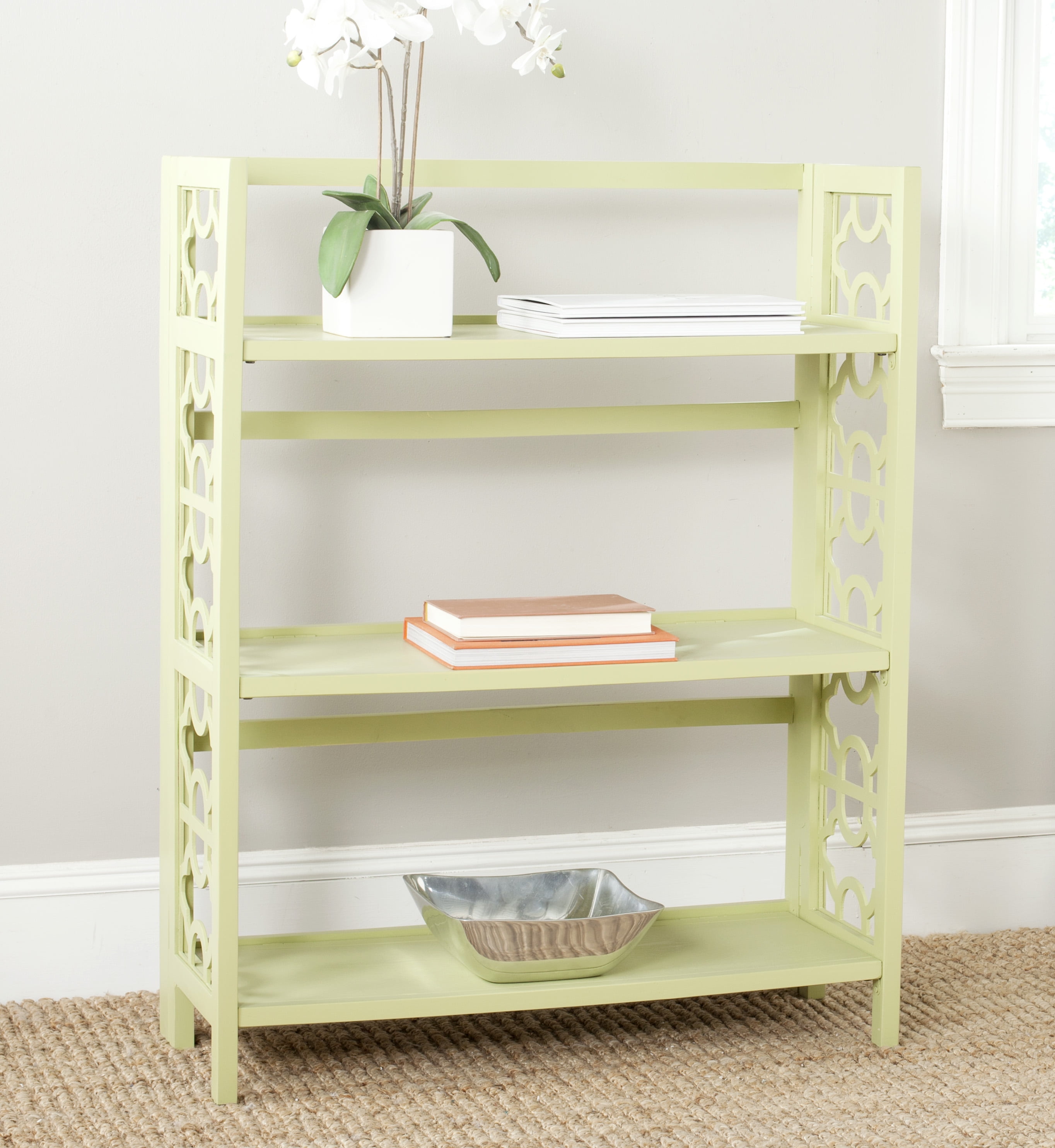 SAFAVIEH Natalie Geometric Rustic 3 Tier Low Bookcase, Split Pea