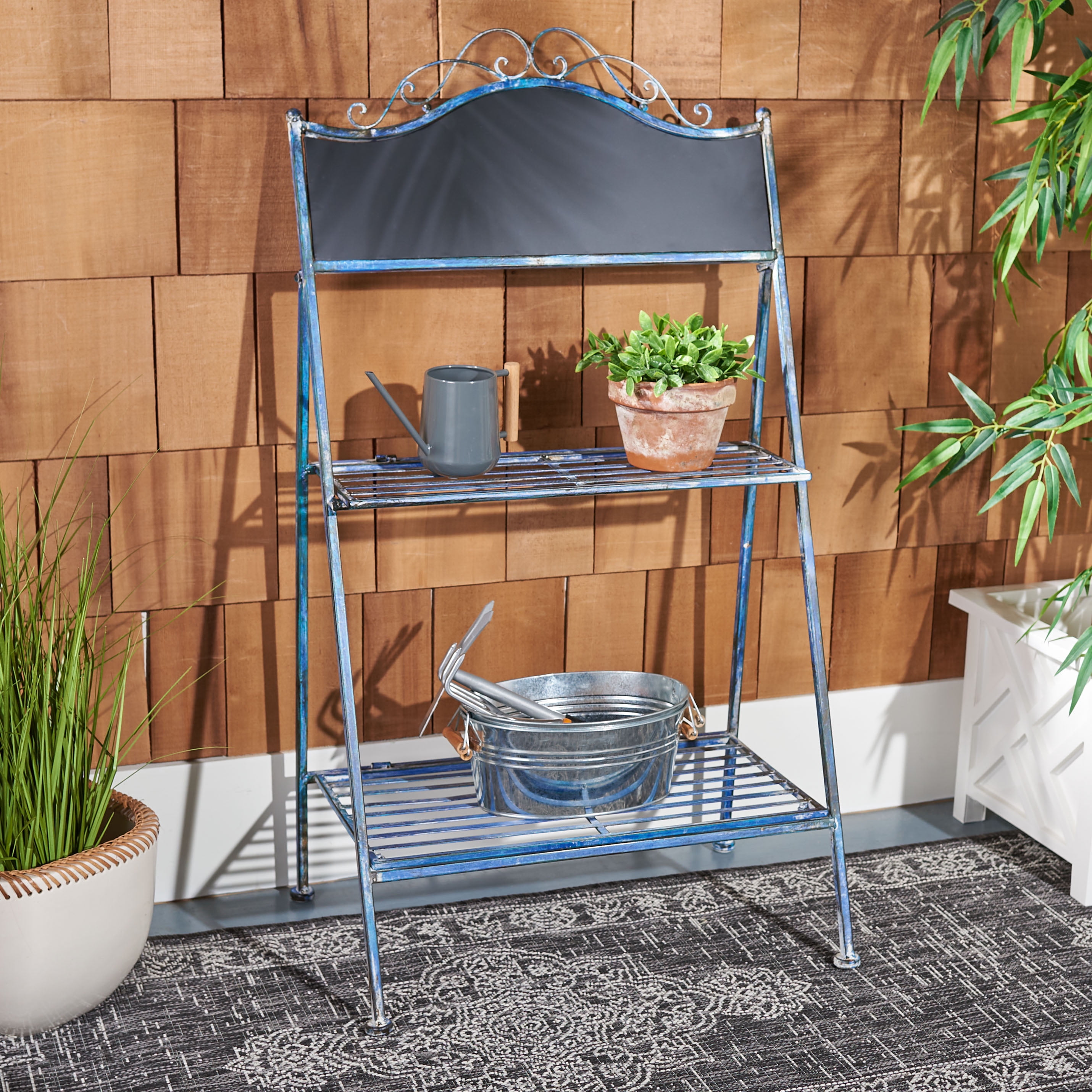Antique Blue Iron Two-Tier Outdoor Plant Stand