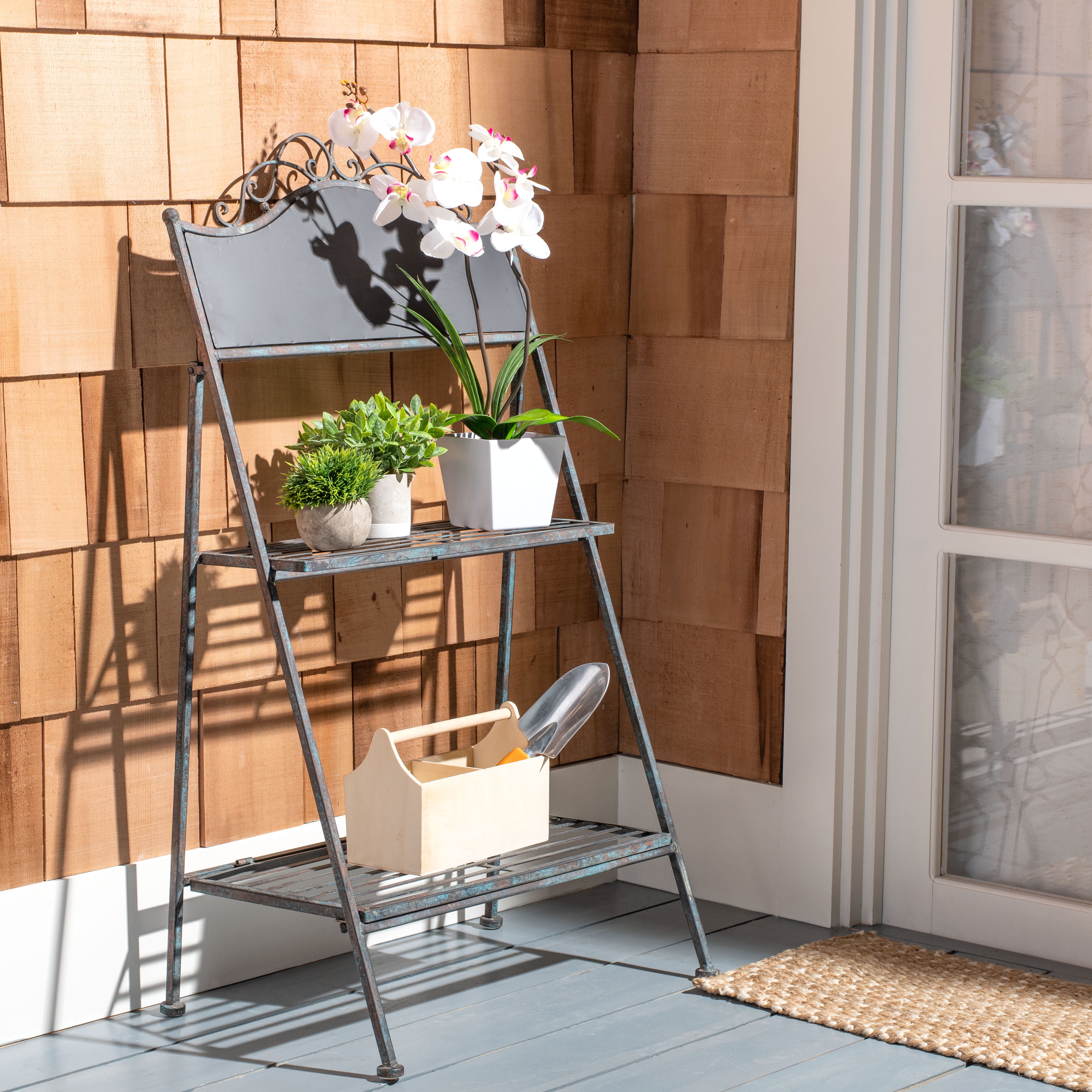 Natum Two-Tier Red Brown and Blue Iron Plant Stand