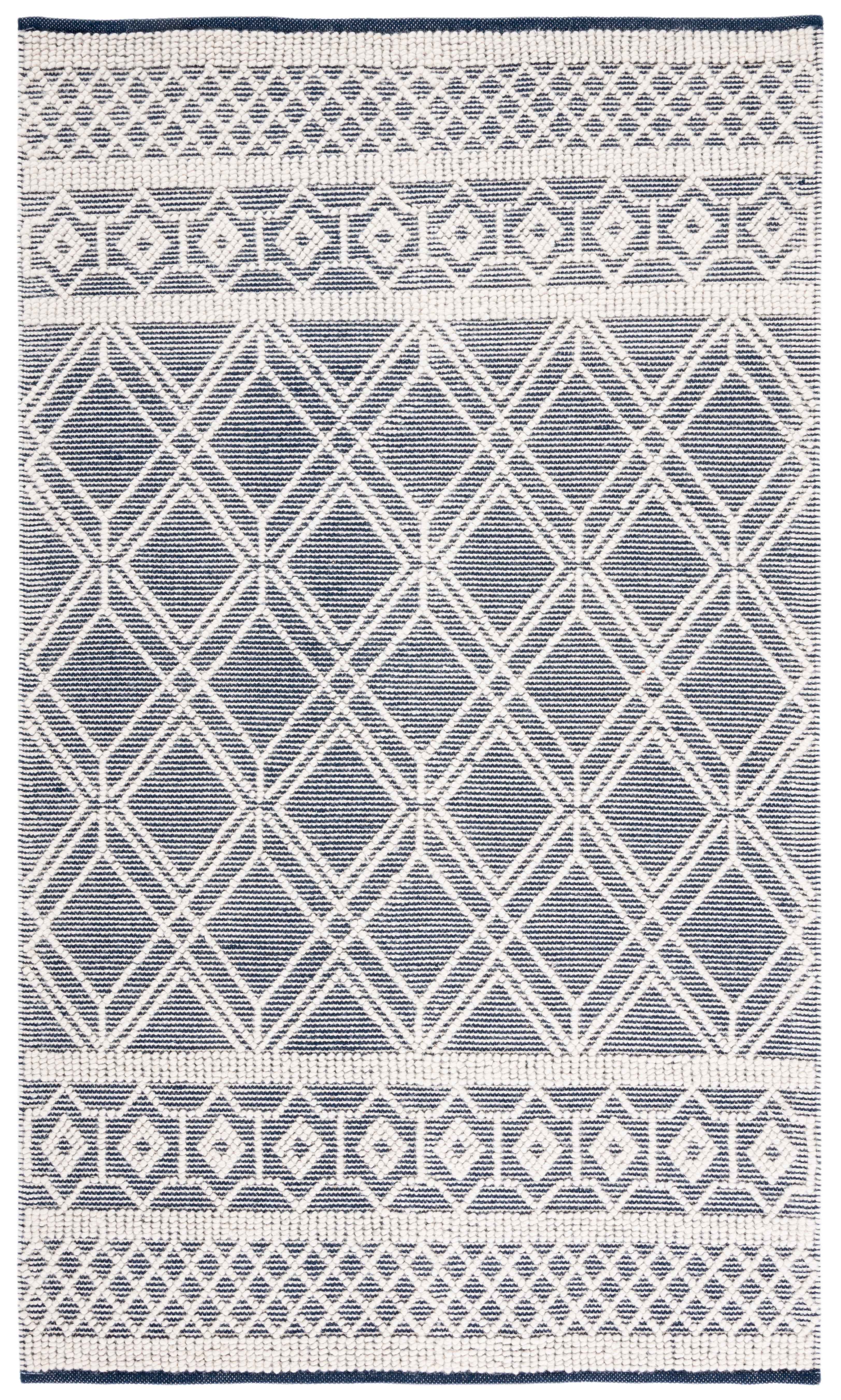 Ivory and Navy Handwoven Wool Geometric Area Rug, 4' x 6'