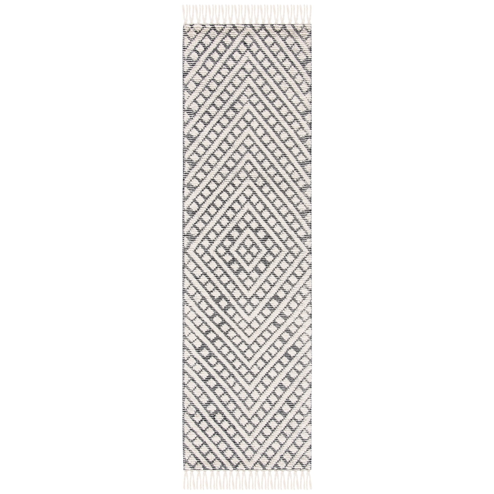 Handmade Ivory and Black Wool Geometric Runner Rug, 2'3" x 8'