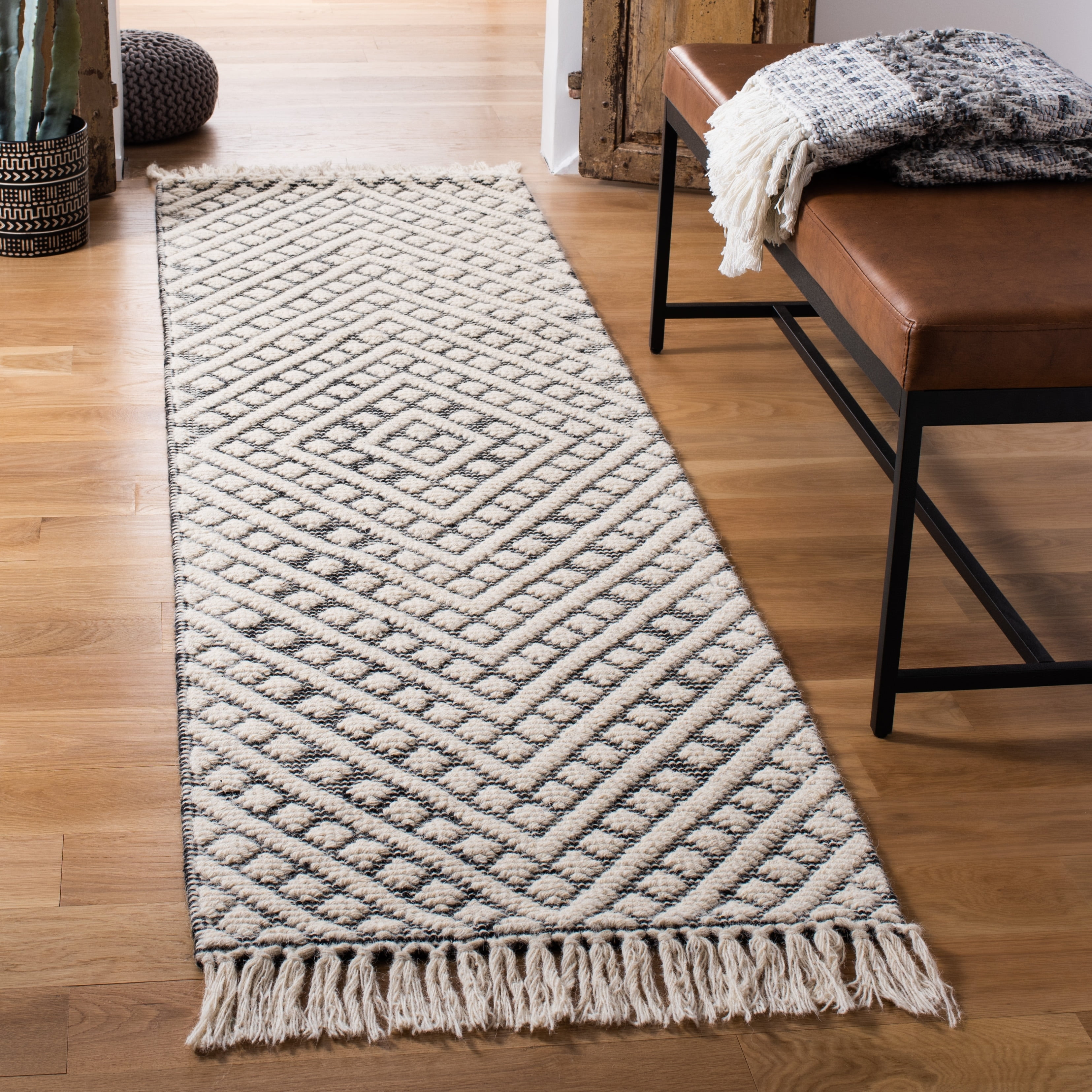Handmade Ivory and Black Wool Geometric Runner Rug, 2'3" x 8'