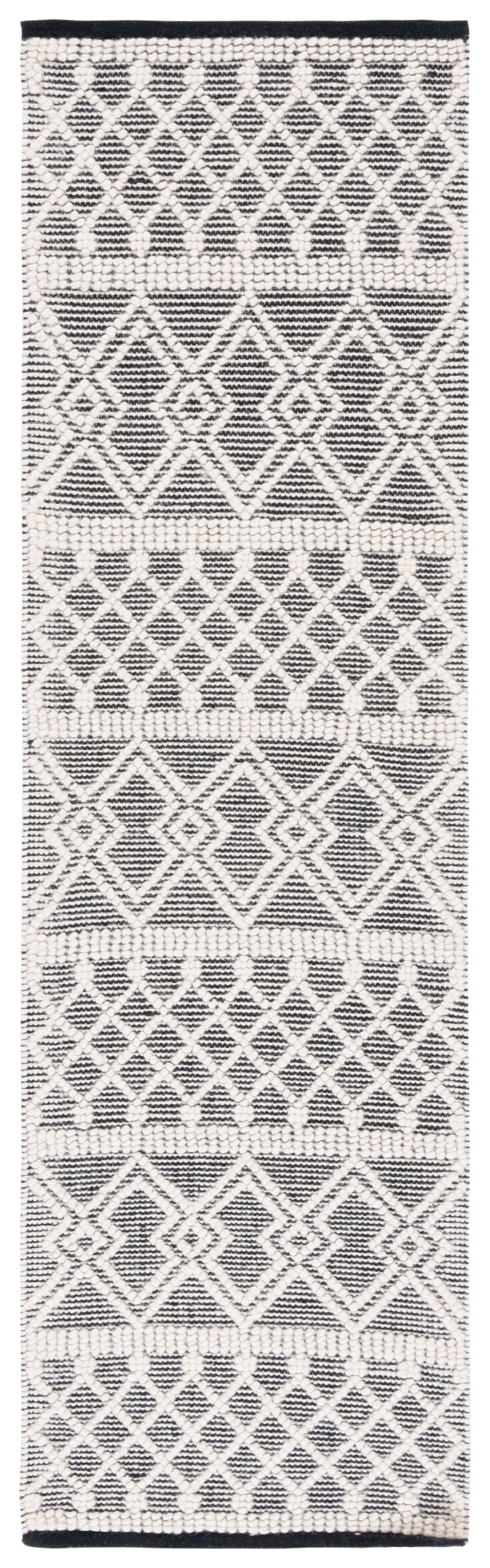 Ivory and Black Geometric Wool and Cotton Runner Rug