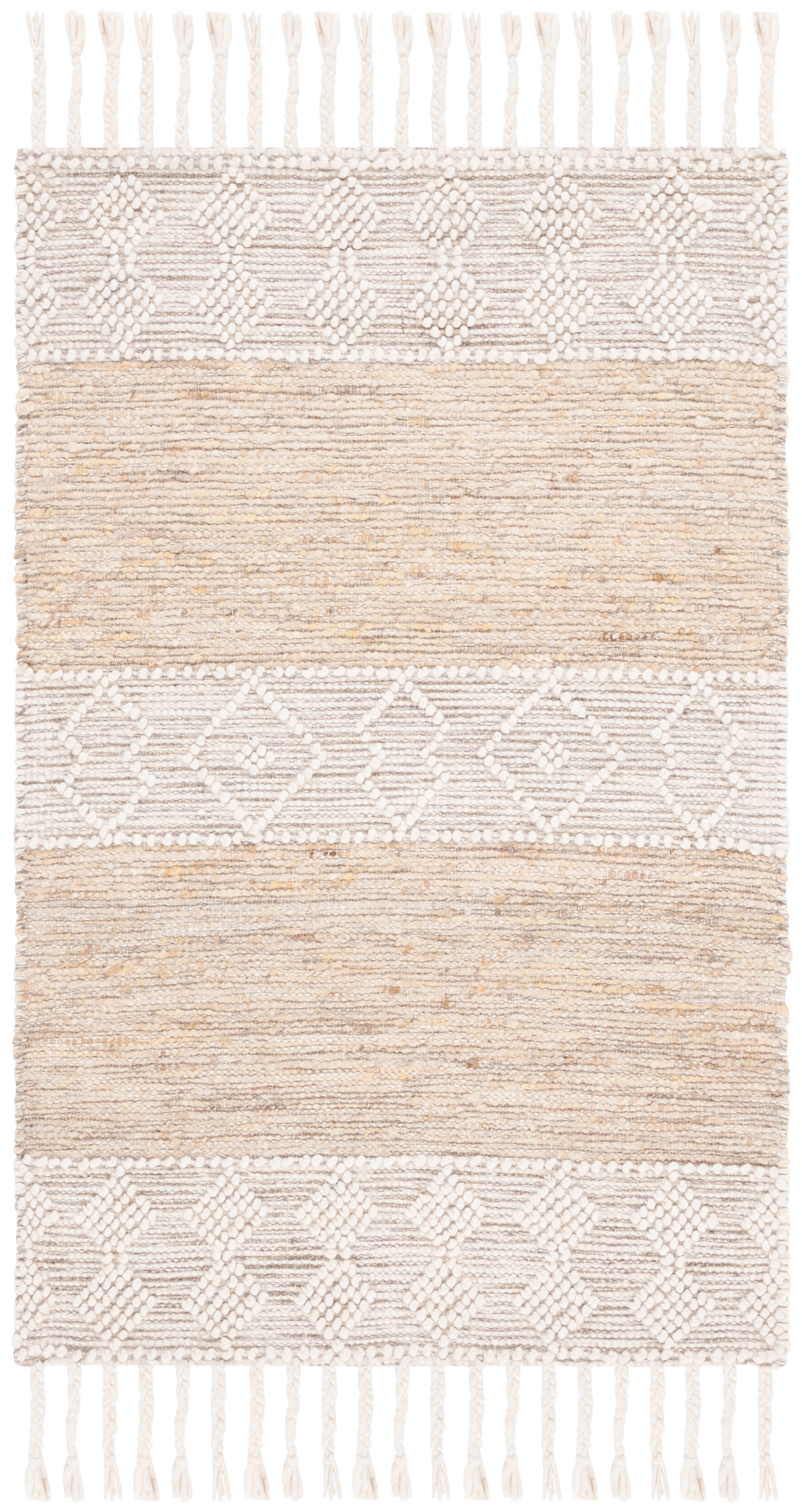 Ivory and Beige Handwoven Wool Area Rug with Fringe, 3' x 5'