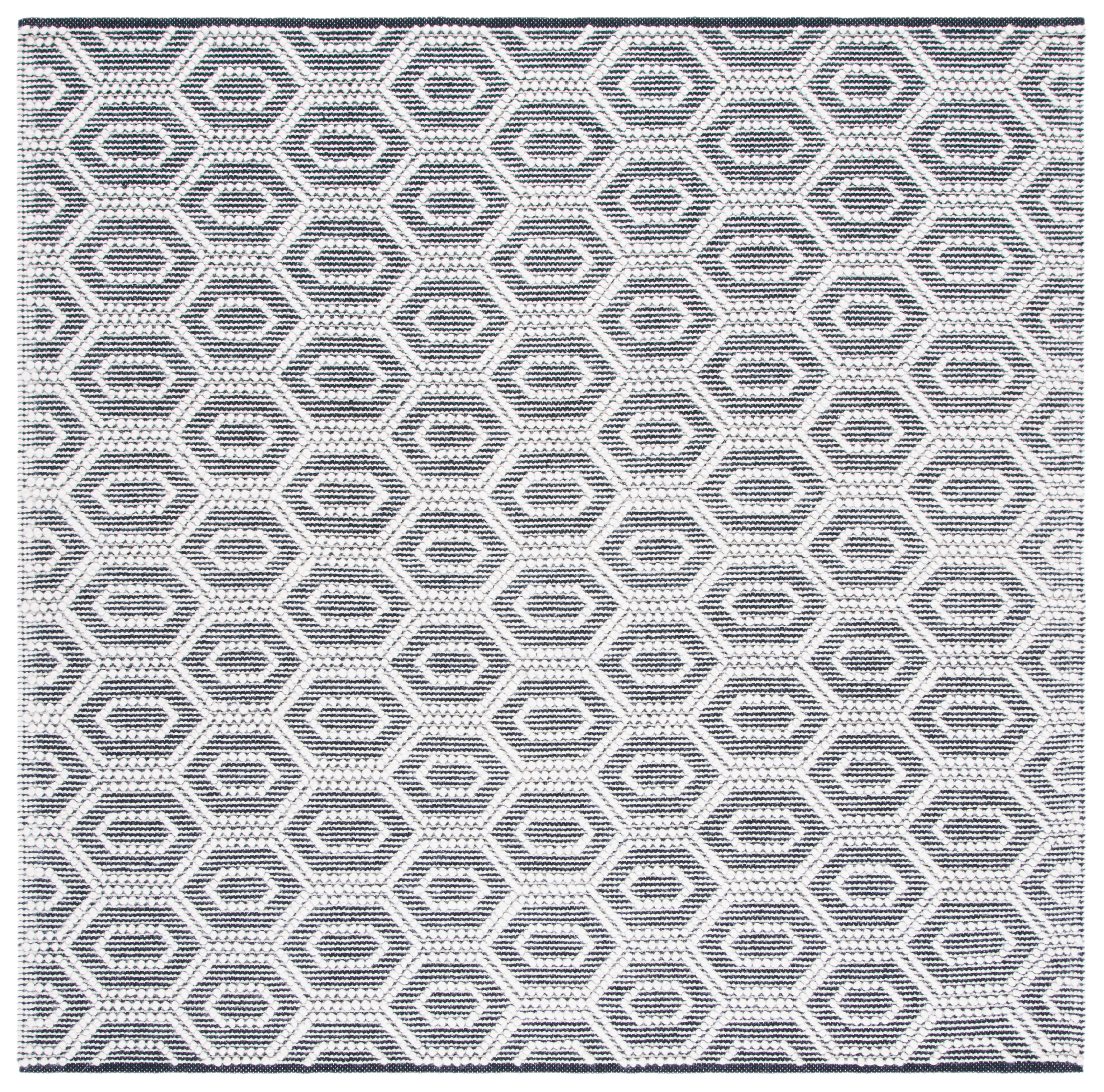 Ivory and Black Hand Woven Wool Square Area Rug 6' x 6'