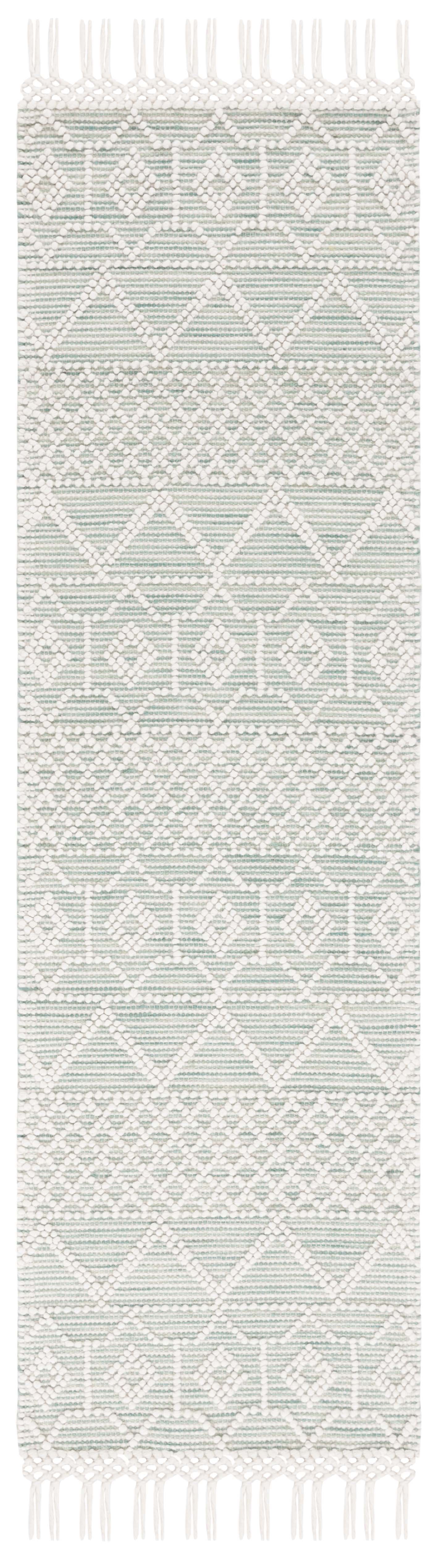 Ivory and Light Green Wool Flat Woven Runner Rug, 2'3" x 8'