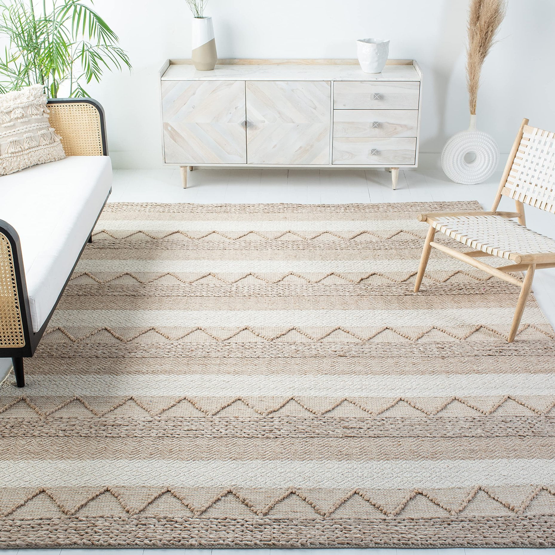 Ivory and Beige Tufted Wool Stripe 4' x 6' Rug
