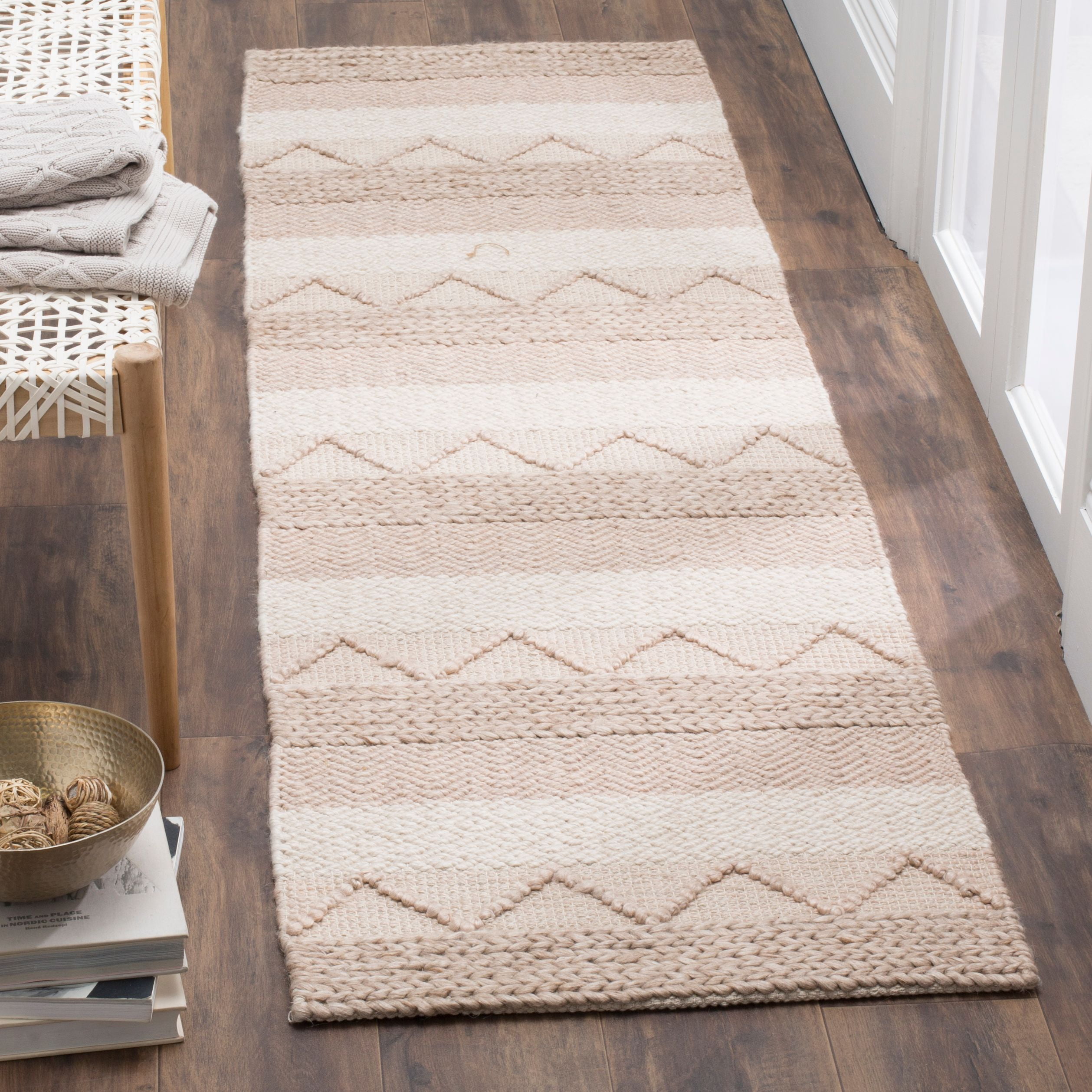 Beige and Cream Hand-Tufted Wool and Viscose Runner Rug