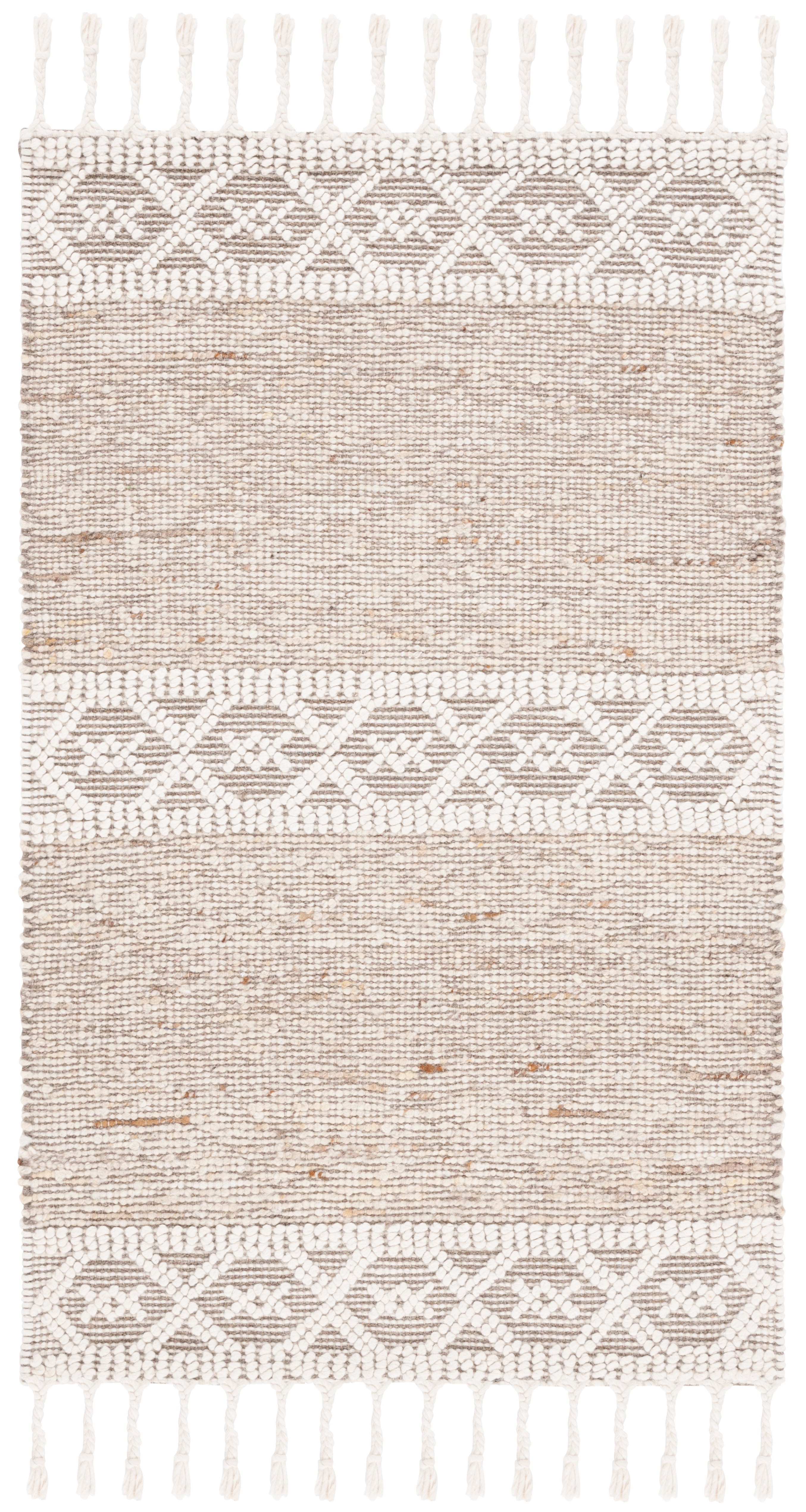 Ivory and Beige Handwoven Wool Area Rug with Tassels, 3' x 5'