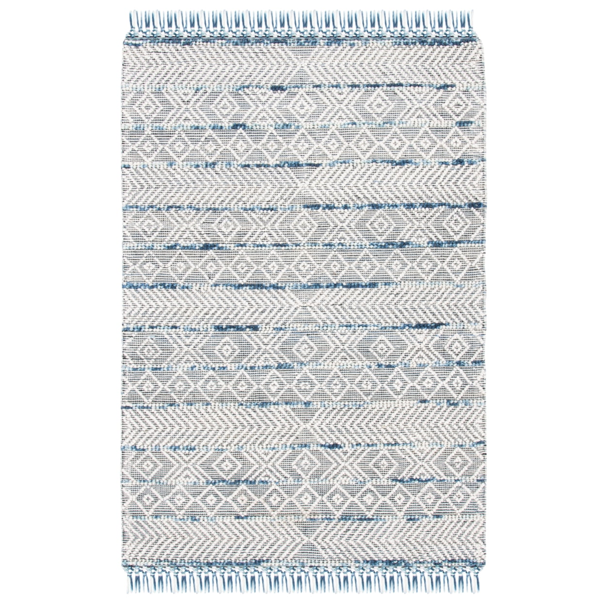 Ivory and Blue Hand-Knotted Wool Area Rug - 27" x 8"
