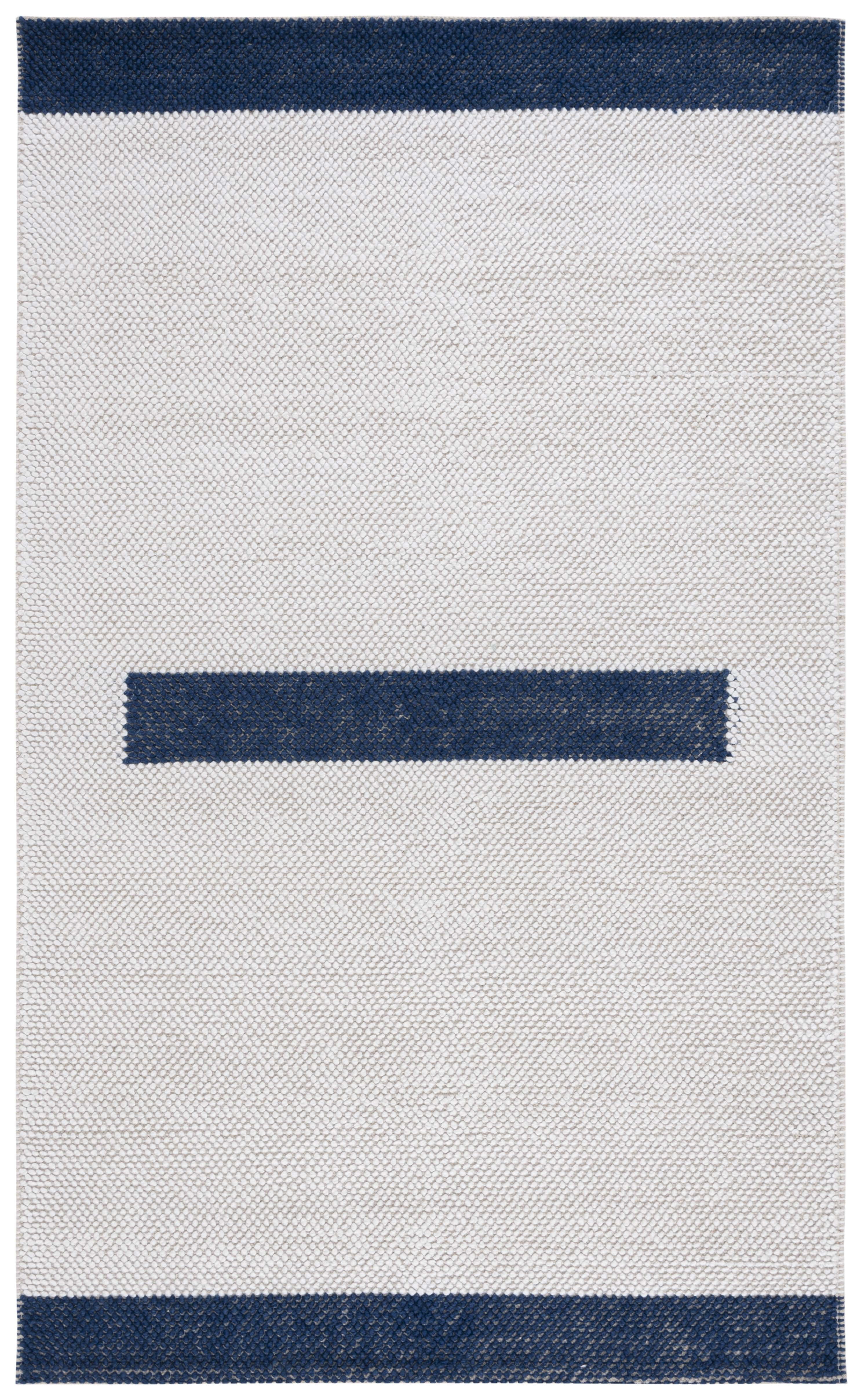 Ivory and Navy Hand-Woven Wool Area Rug 5' x 8'