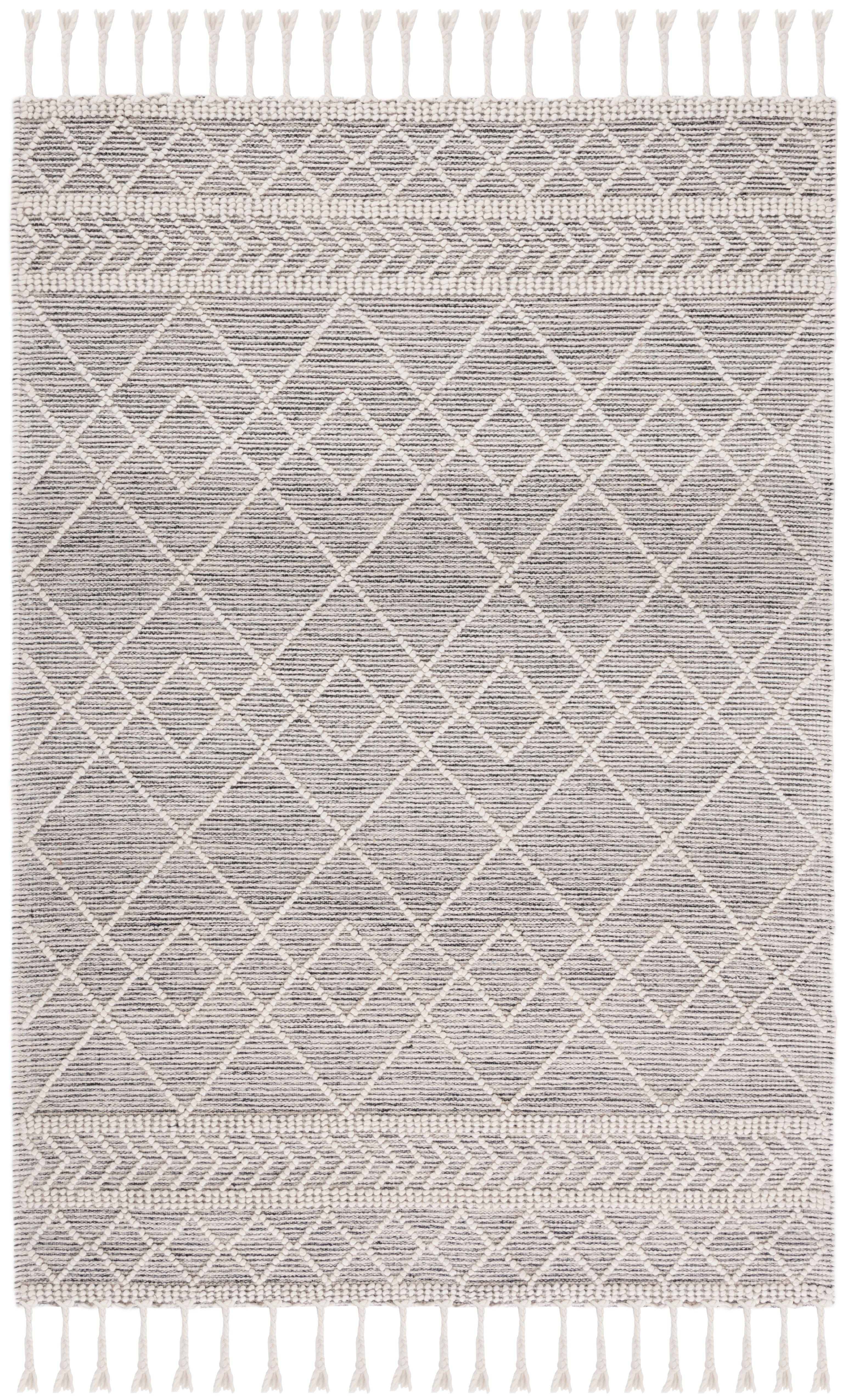 Ivory and Black Hand Woven Wool Area Rug, 3' x 5'