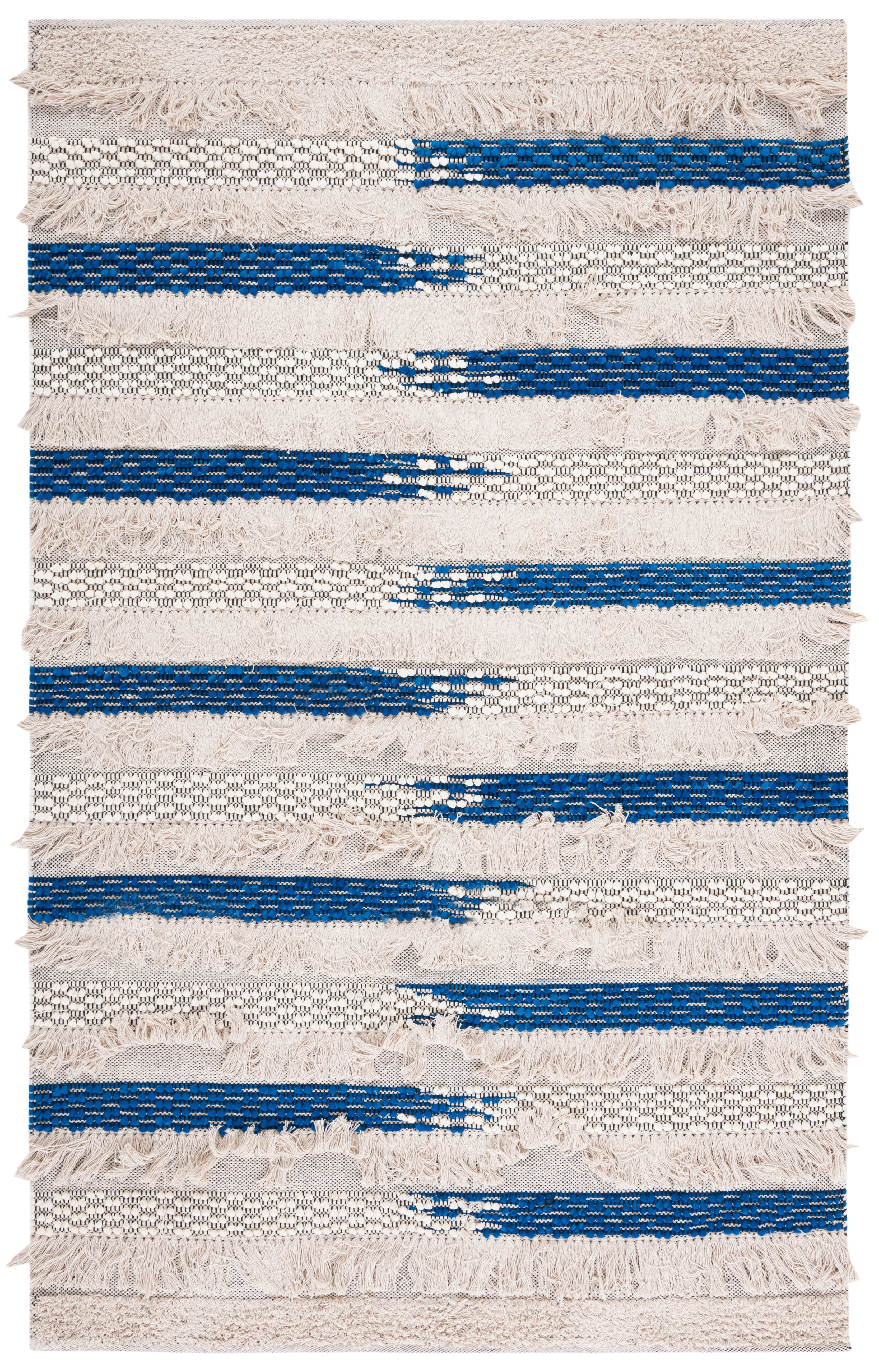 Beige and Navy Striped Handwoven Wool-Cotton Area Rug, 8' x 10'