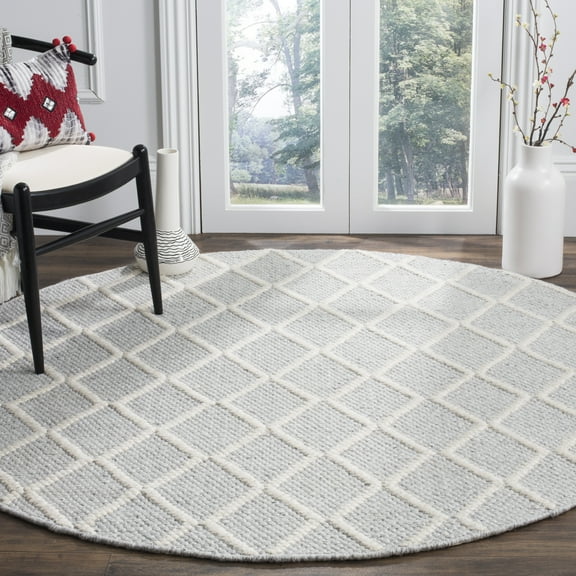 SAFAVIEH Natura Tracery Geometric Diamonds Wool Area Rug, Silver/Ivory, 6' x 6' Round