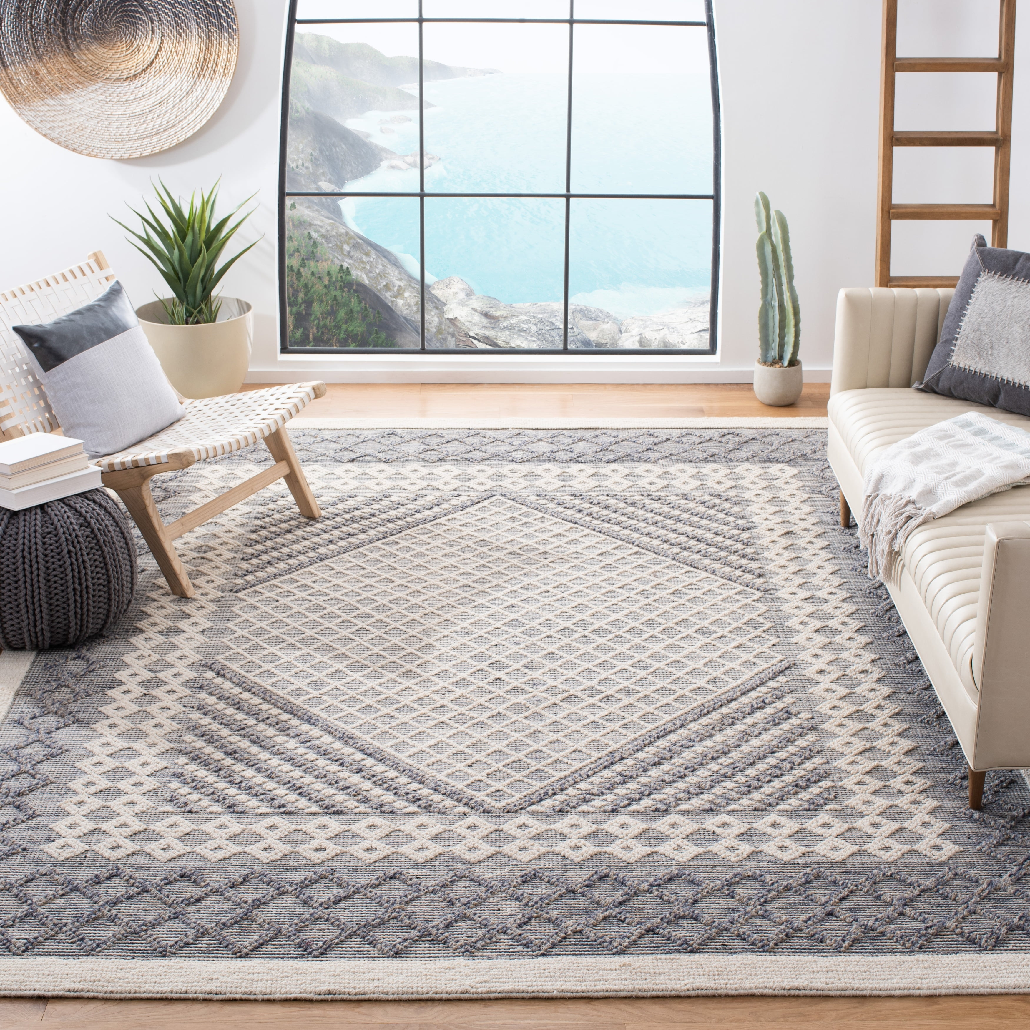 Natura 9' x 12' Blue and Cream Wool Handwoven Area Rug