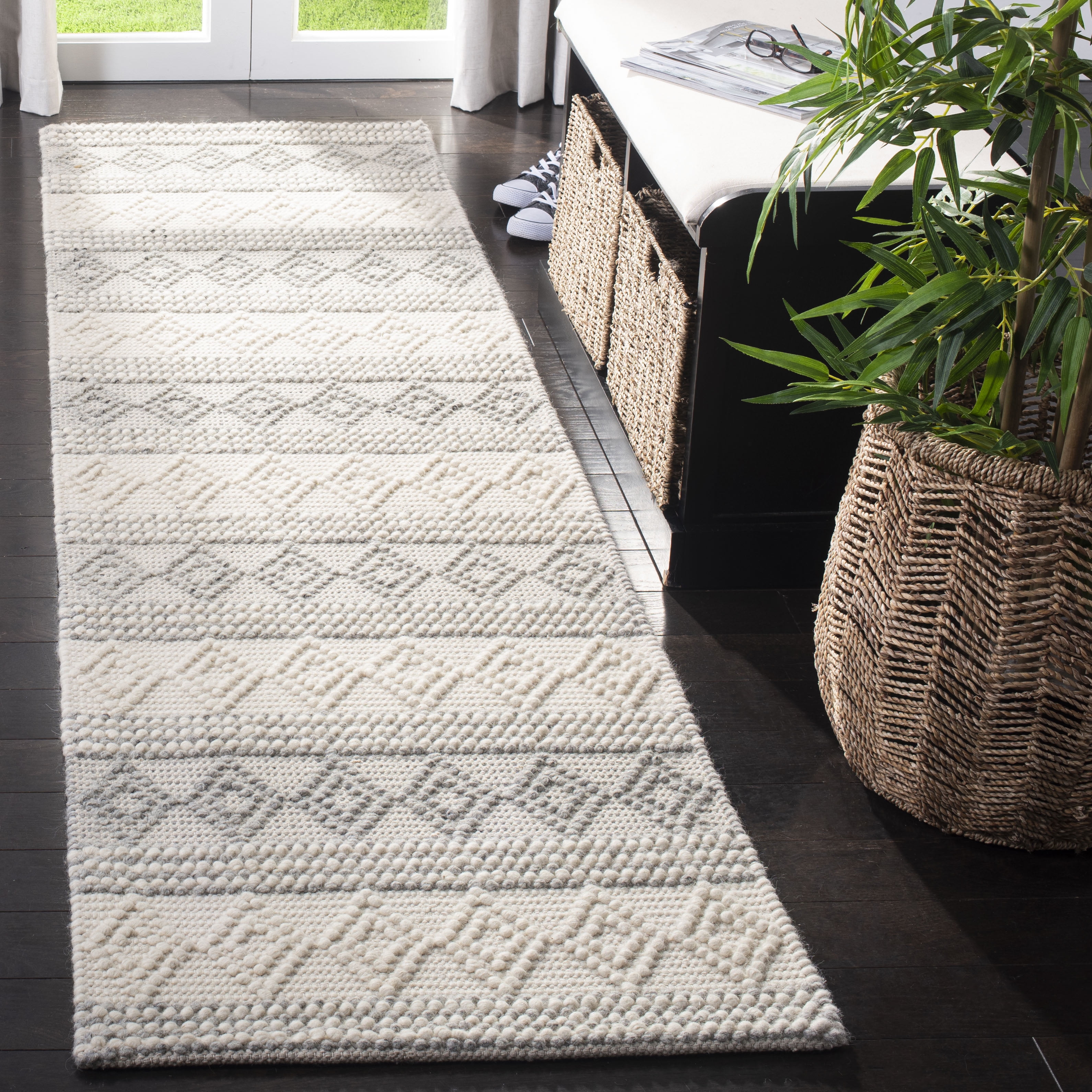 SAFAVIEH Natura York Geometric Striped Braided Jute Runner Rug, Grey/Ivory, 2' x 14'