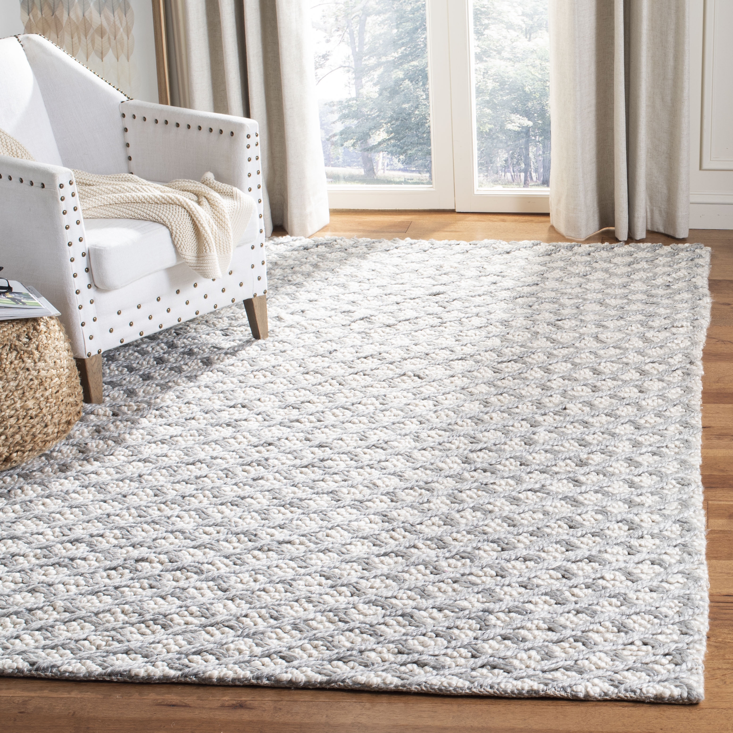 Ivory and Silver Hand-Tufted Wool Blend 6' Square Area Rug