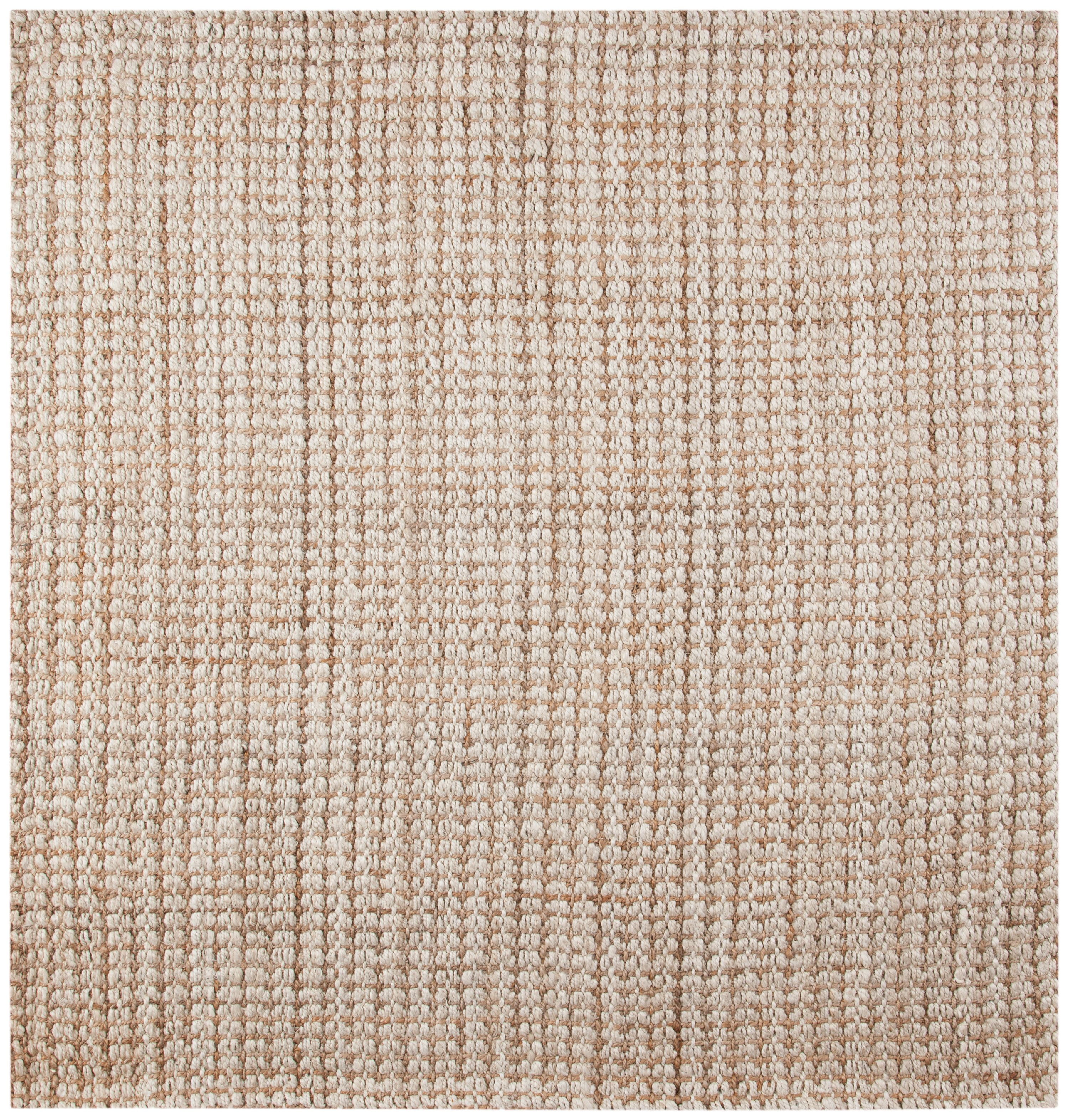 Ivory and Light Brown Hand-Woven Jute Square Rug, 7' x 7'