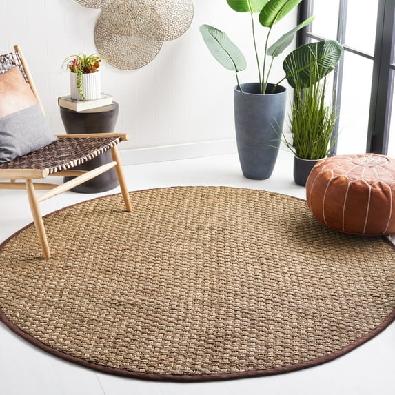 SAFAVIEH Natural Fiber Arbor Bordered Area Rug, Natural/Dark Brown, 8' x 8' Round - Coastal Design, Natural & Dark Brown, Seagrass, Ideal for Entryway, Kitchen, Living Room, Office