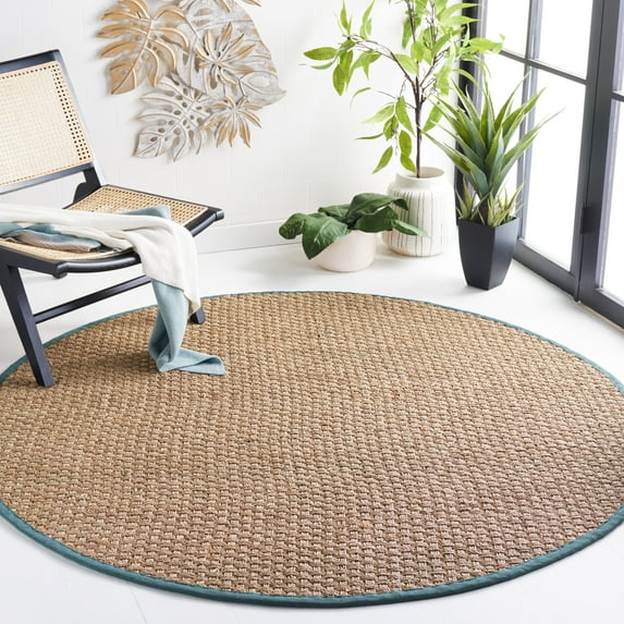 SAFAVIEH Natural Fiber Arbor Bordered Area Rug, Natural/Dusty Teal Blue, 6' x 6' Round - Coastal Design, Natural & Dusty Teal Blue, Seagrass, Ideal for Entryway, Kitchen, Living Room, Office