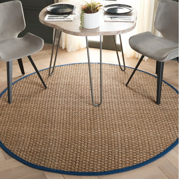 SAFAVIEH Natural Fiber Arbor Bordered Area Rug, Natural/Light Navy, 6' x 6' Round - Coastal Design, Natural & Light Navy, Seagrass, Ideal for Entryway, Kitchen, Living Room, Office