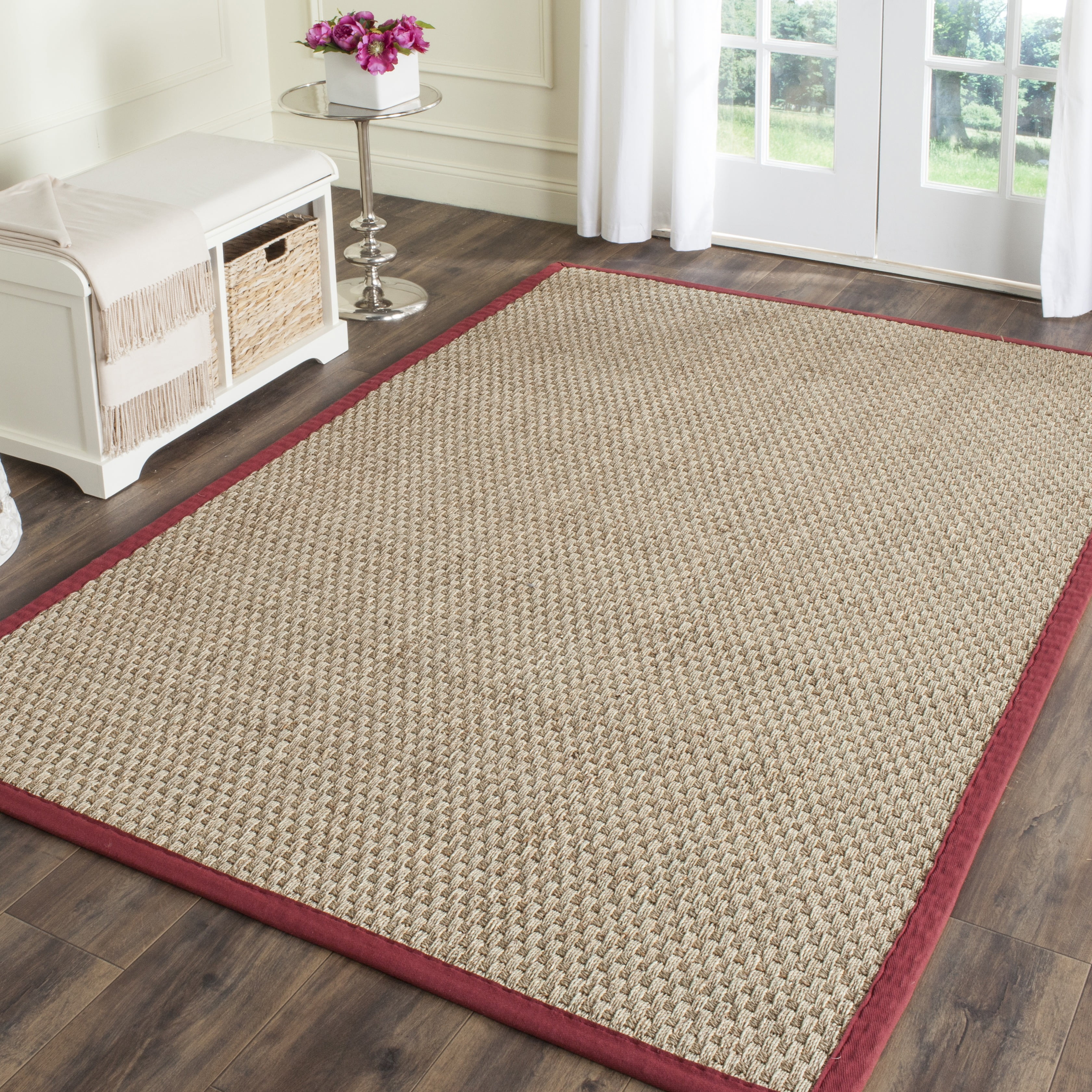 SAFAVIEH Natural Fiber Arbor Bordered Area Rug, Natural/Burgundy Red, 3' x 5' - Coastal Design, Natural & Burgundy Red, Seagrass, Ideal for Entryway, Kitchen, Living Room, Office, Bathroom, Bedside