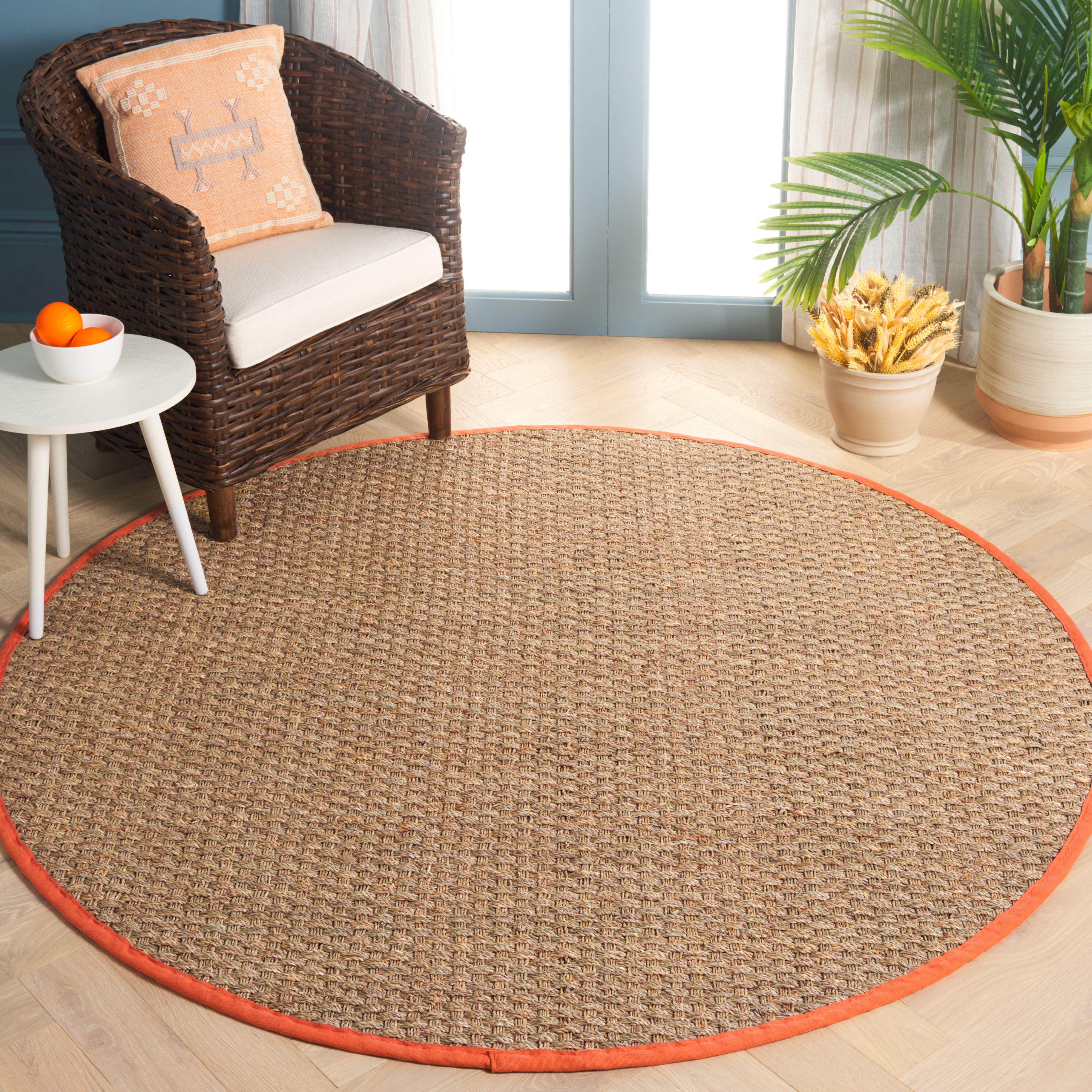 SAFAVIEH Natural Fiber Arbor Bordered Area Rug, Natural/Rust, 6' x 6' Round - Coastal Design, Natural & Rust, Seagrass, Ideal for Entryway, Kitchen, Living Room, Office