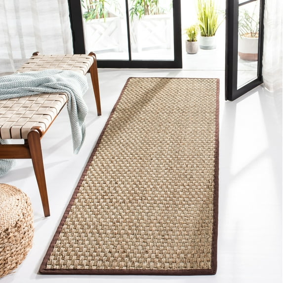 SAFAVIEH Natural Fiber Arbor Bordered Runner Rug, Natural/Dark Brown, 2'6" x 12' - Coastal Design, Natural & Dark Brown, Seagrass, Ideal for Entryway, Kitchen, Living Room, Office, Hallway