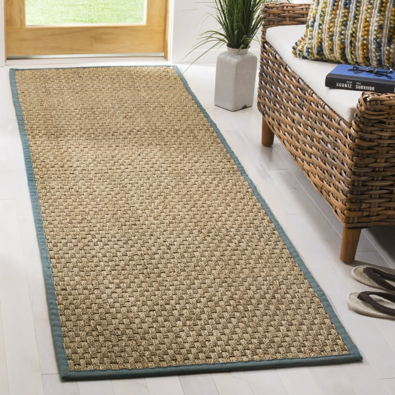 SAFAVIEH Natural Fiber Arbor Bordered Runner Rug, Natural/Dusty Teal Blue, 2'6" x 8' - Coastal Design, Natural & Dusty Teal Blue, Seagrass, Ideal for Entryway, Kitchen, Living Room, Office, Hallway