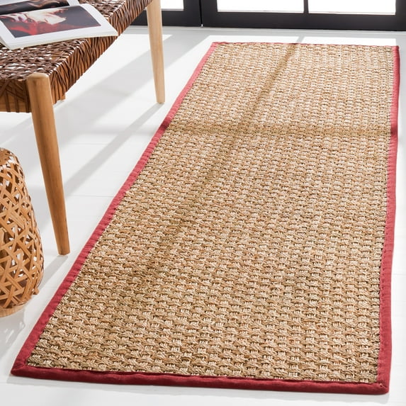 SAFAVIEH Natural Fiber Arbor Bordered Runner Rug, Natural/Burgundy Red, 2'6" x 14' - Coastal Design, Natural & Burgundy Red, Seagrass, Ideal for Entryway, Kitchen, Living Room, Office, Hallway