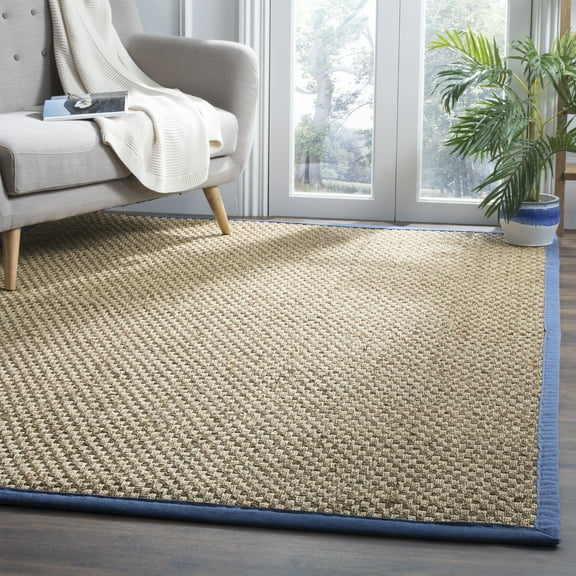 SAFAVIEH Natural Fiber Arbor Bordered Area Rug, Natural/Light Navy, 10' x 14' - X-Large - Coastal Design, Natural & Light Navy, Seagrass, Ideal for Entryway, Kitchen, Living Room, Office