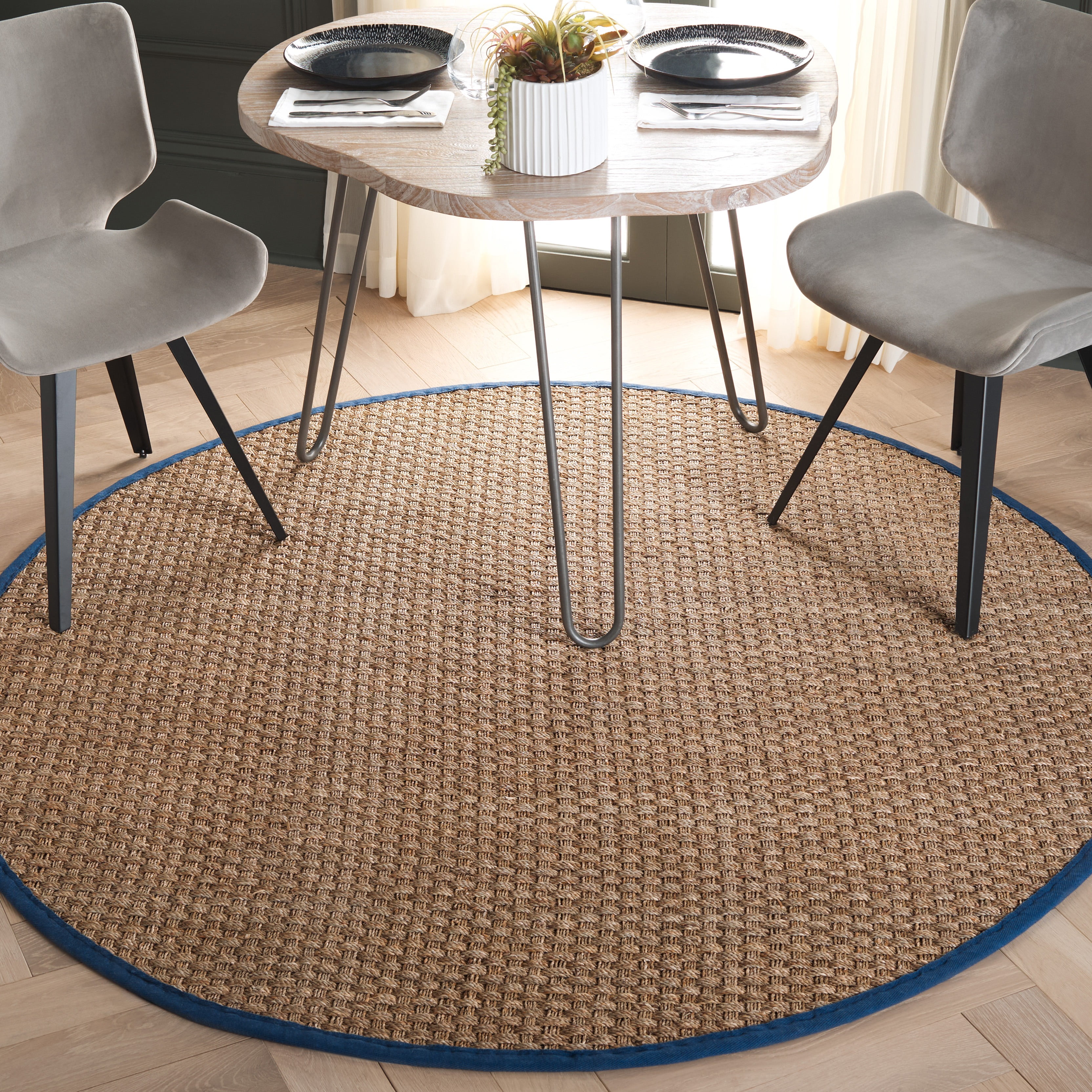 Large Navy Round Rugs SAFAVIEH Natural Fiber Arbor Bordered Area Rug, Natural/Light Navy, 8 ...