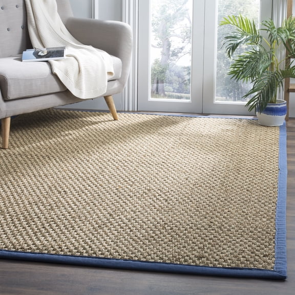 SAFAVIEH Natural Fiber Arbor Bordered Area Rug, Natural/Light Navy, 8' x 8' Square - Coastal Design, Natural & Light Navy, Seagrass, Ideal for Entryway, Kitchen, Living Room, Office