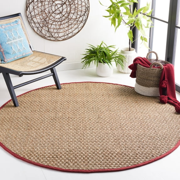 SAFAVIEH Natural Fiber Arbor Bordered Area Rug, Natural/Burgundy Red, 8' x 8' Round - Coastal Design, Natural & Burgundy Red, Seagrass, Ideal for Entryway, Kitchen, Living Room, Office
