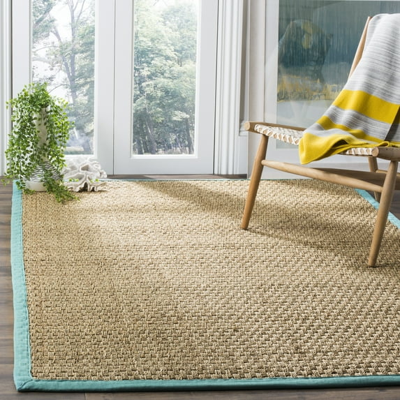 SAFAVIEH Natural Fiber Arbor Bordered Area Rug, Natural/Teal, 2'6" x 4' - Coastal Design, Natural & Teal, Seagrass, Ideal for Entryway, Kitchen, Living Room, Office, Bathroom, Bedside
