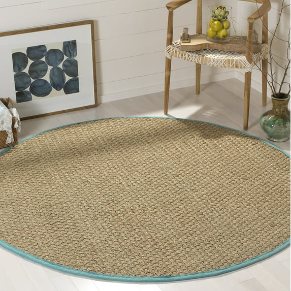 SAFAVIEH Natural Fiber Arbor Bordered Area Rug, Natural/Teal, 8' x 8' Round - Coastal Design, Natural & Teal, Seagrass, Ideal for Entryway, Kitchen, Living Room, Office