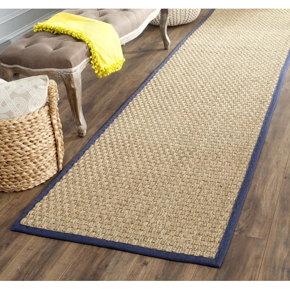 SAFAVIEH Natural Fiber Arbor Bordered Runner Rug, Natural/Navy Blue, 2'6" x 20' - Coastal Design, Natural & Navy Blue, Seagrass, Ideal for Entryway, Kitchen, Living Room, Office, Hallway