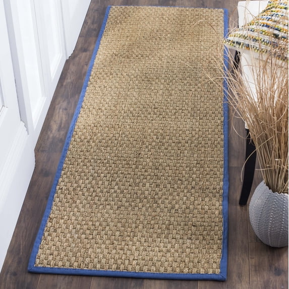 SAFAVIEH Natural Fiber Arbor Bordered Runner Rug, Natural/Light Navy, 2'6" x 14' - Coastal Design, Natural & Light Navy, Seagrass, Ideal for Entryway, Kitchen, Living Room, Office, Hallway