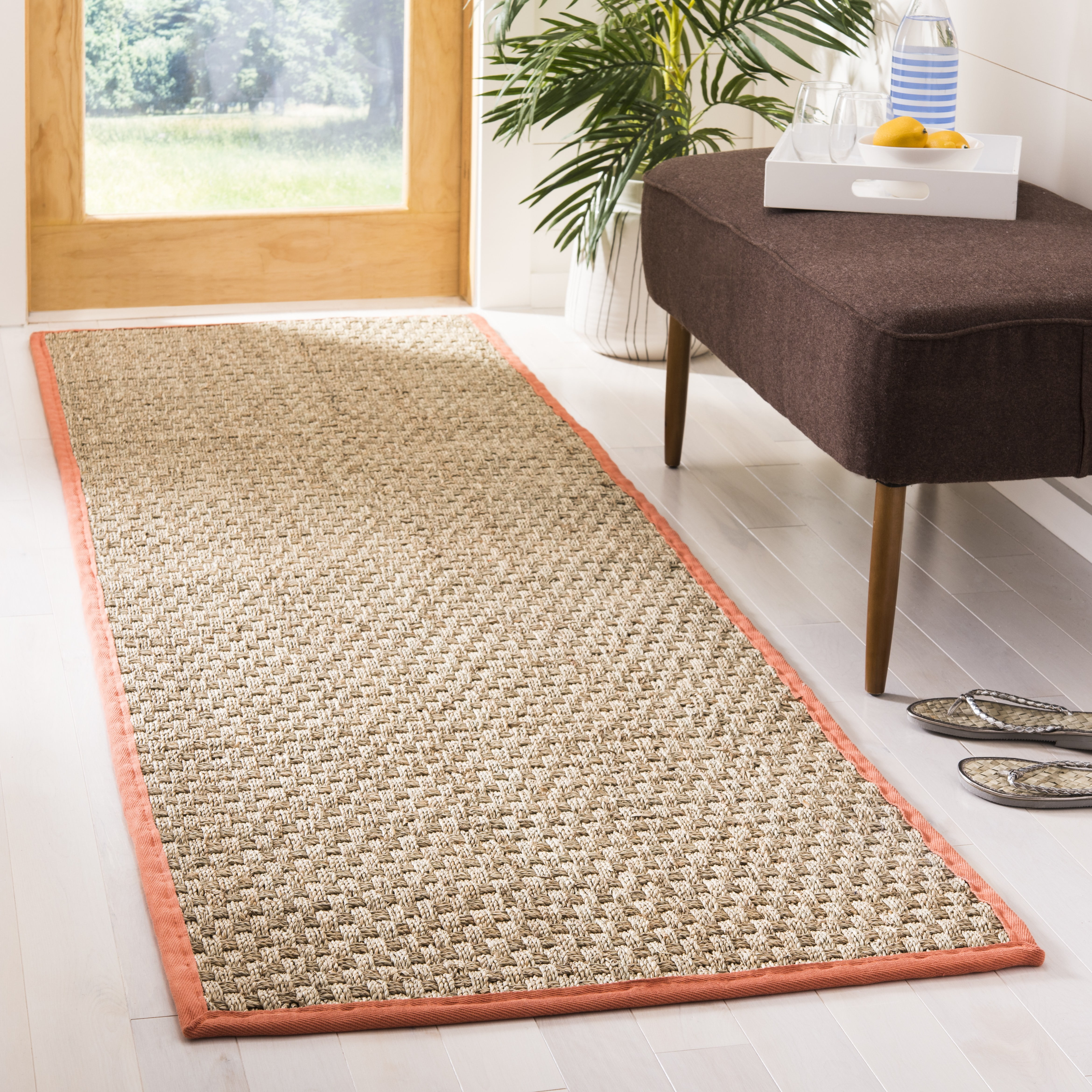SAFAVIEH Natural Fiber Arbor Bordered Runner Rug, Natural/Rust, 2'6" x 12' - Coastal Design, Natural & Rust, Seagrass, Ideal for Entryway, Kitchen, Living Room, Office, Hallway