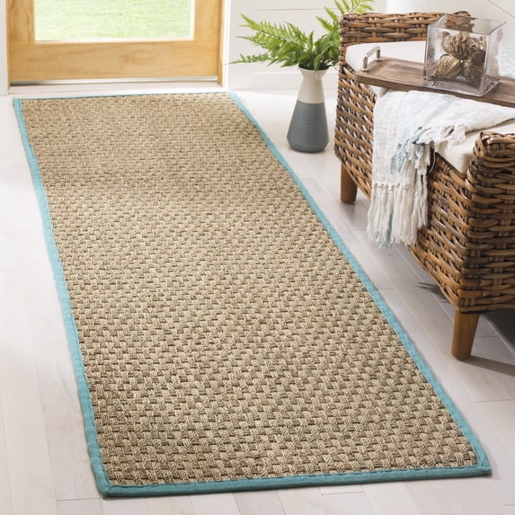 SAFAVIEH Natural Fiber Arbor Bordered Runner Rug, Natural/Teal, 2'6" x 10' - Coastal Design, Natural & Teal, Seagrass, Ideal for Entryway, Kitchen, Living Room, Office, Hallway