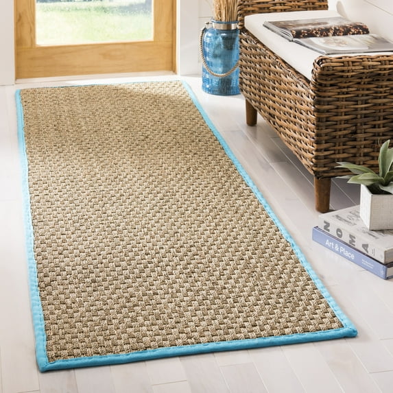 SAFAVIEH Natural Fiber Arbor Bordered Runner Rug, Natural/Turquoise, 2'6" x 10' - Coastal Design, Natural & Turquoise, Seagrass, Ideal for Entryway, Kitchen, Living Room, Office, Hallway