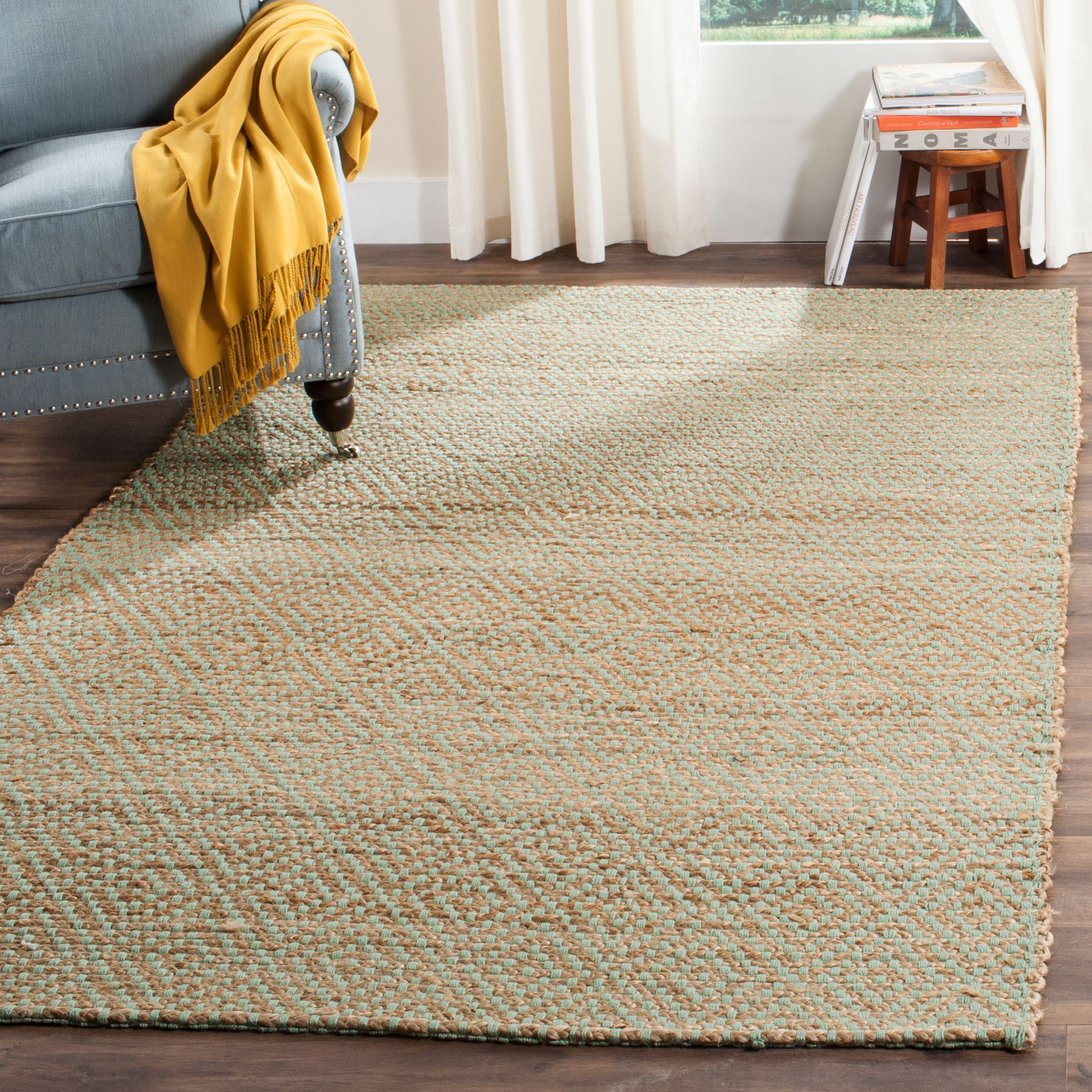Natural Green Hand-Woven Jute Area Rug, 5' x 8'