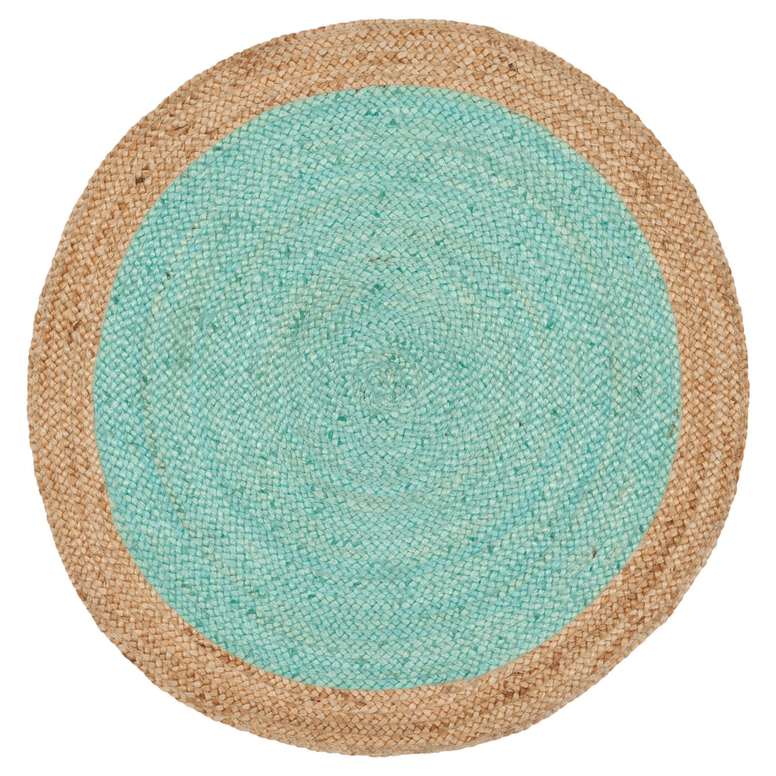 Aqua and Natural Round Braided Jute Rug, 4' Diameter