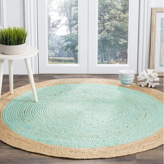 SAFAVIEH Natural Fiber Cebrail Braided Jute Area Rug, Aqua/Natural, 5' x 5' Round