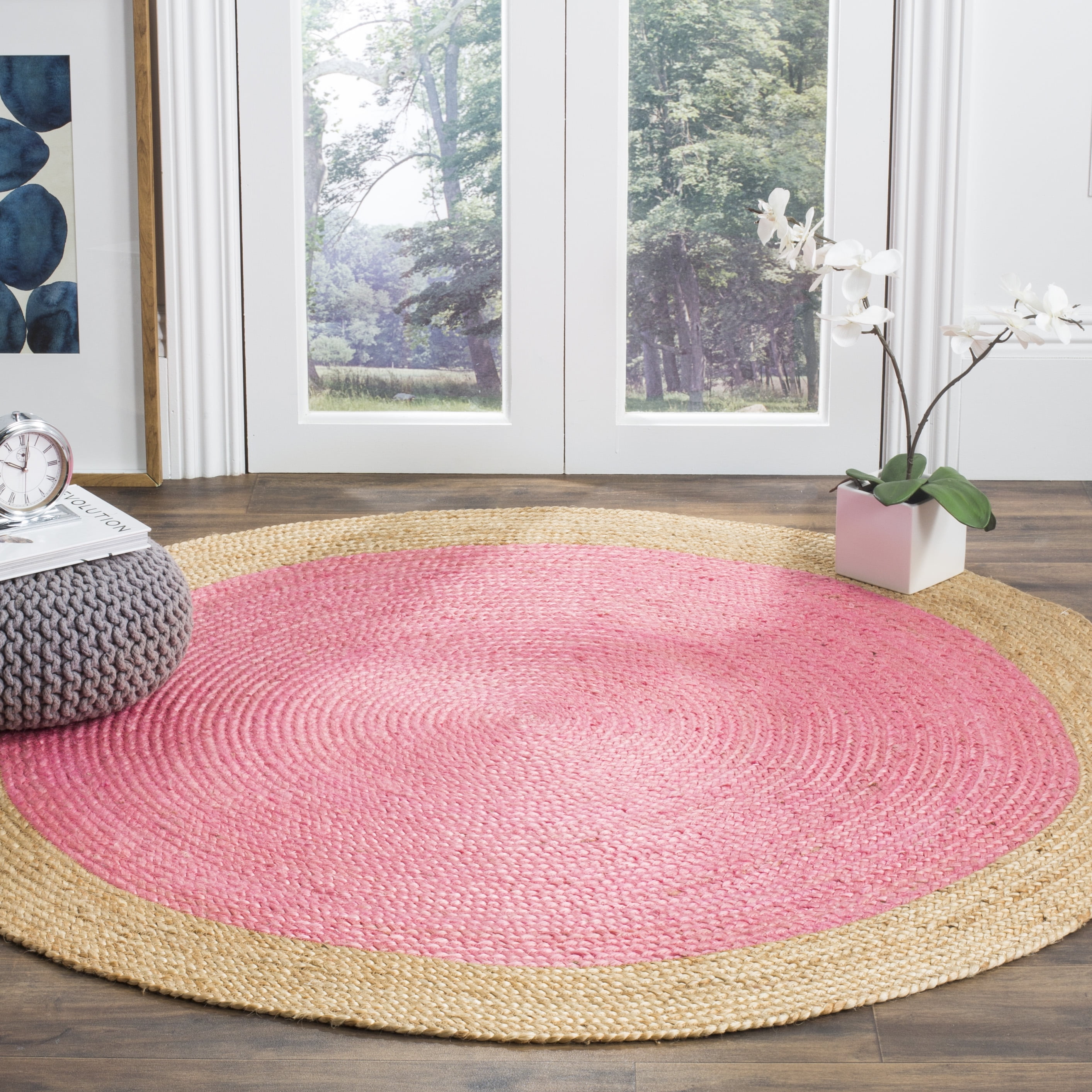 SAFAVIEH Natural Fiber Cebrail Braided Jute Area Rug, Pink/Natural, 5' x 5' Round