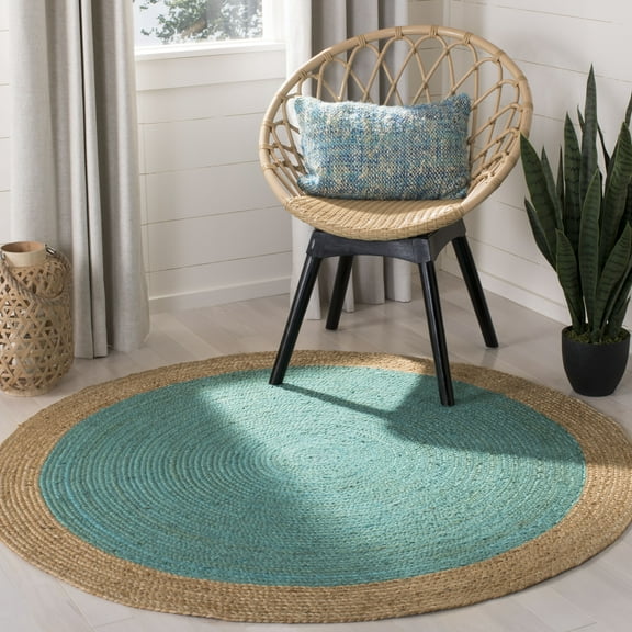SAFAVIEH Natural Fiber Cebrail Braided Jute Area Rug, Teal/Natural, 9' x 9' Round